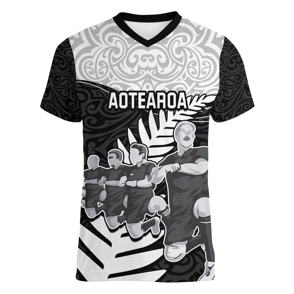 New Zealand World Cup 2023 Women V Neck T Shirt Aotearoa Haka Rugby with Silver Fern Maori Ethnic Pattern LT03 Female Black - Polynesian Pride