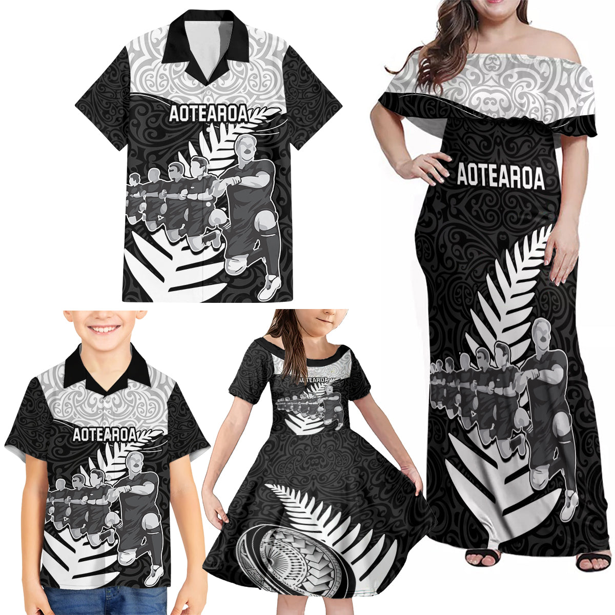 Custom New Zealand World Cup 2023 Family Matching Off Shoulder Maxi Dress and Hawaiian Shirt Aotearoa Haka Rugby with Silver Fern Maori Ethnic Pattern LT03 - Polynesian Pride