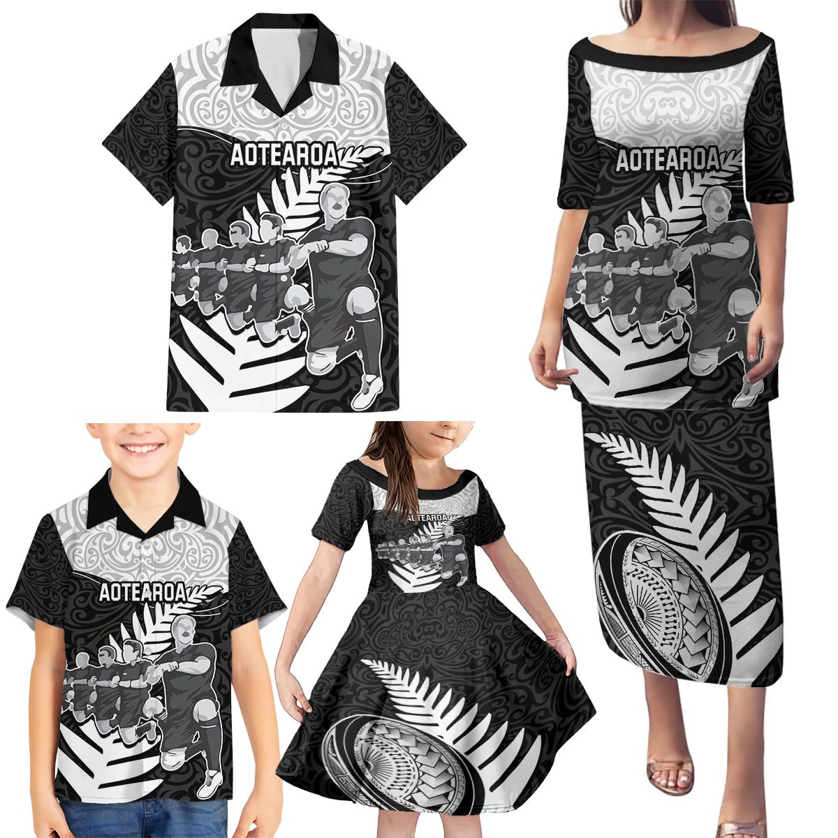 Custom New Zealand World Cup 2023 Family Matching Puletasi Dress and Hawaiian Shirt Aotearoa Haka Rugby with Silver Fern Maori Ethnic Pattern LT03 - Polynesian Pride