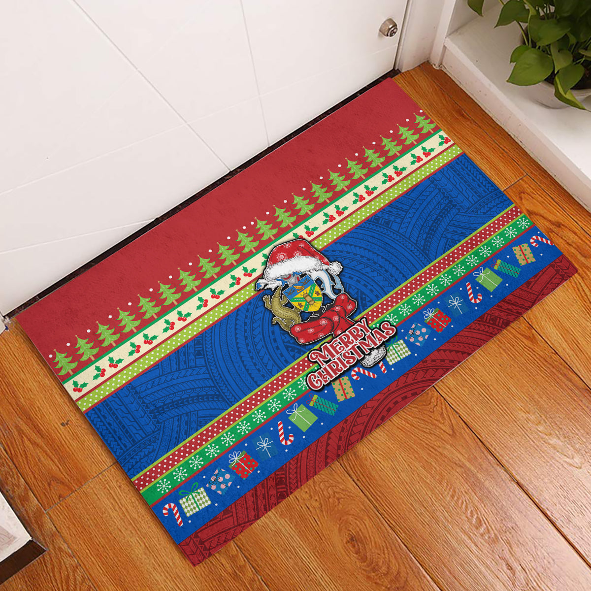 Solomon Islands Christmas Rubber Doormat Santa With Flag Of Solomon Polynesian Tribal Xmas Vibe LT03 Blue - Polynesian Pride