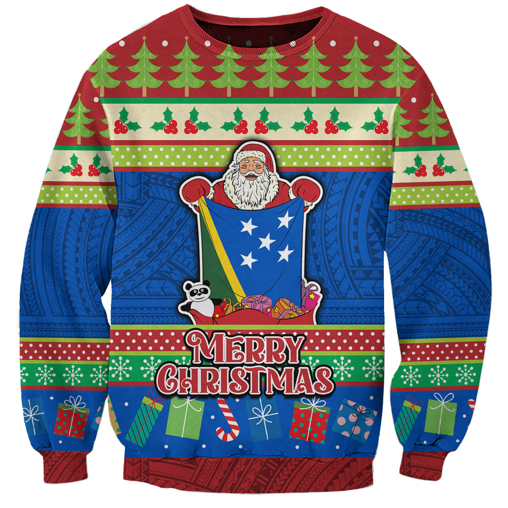Personalised Solomon Islands Christmas Sweatshirt Santa With Flag Of Solomon Polynesian Tribal Xmas Vibe LT03 Unisex Blue - Polynesian Pride