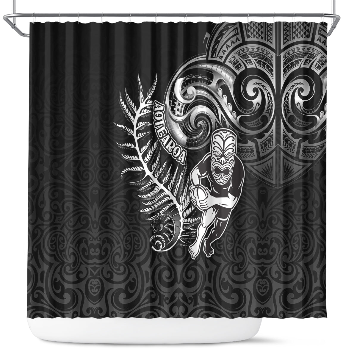 New Zealand Rugby Shower Curtain Maori Warrior Rugby with Silver Fern Sleeve Tribal Ethnic Style LT03 Black - Polynesian Pride