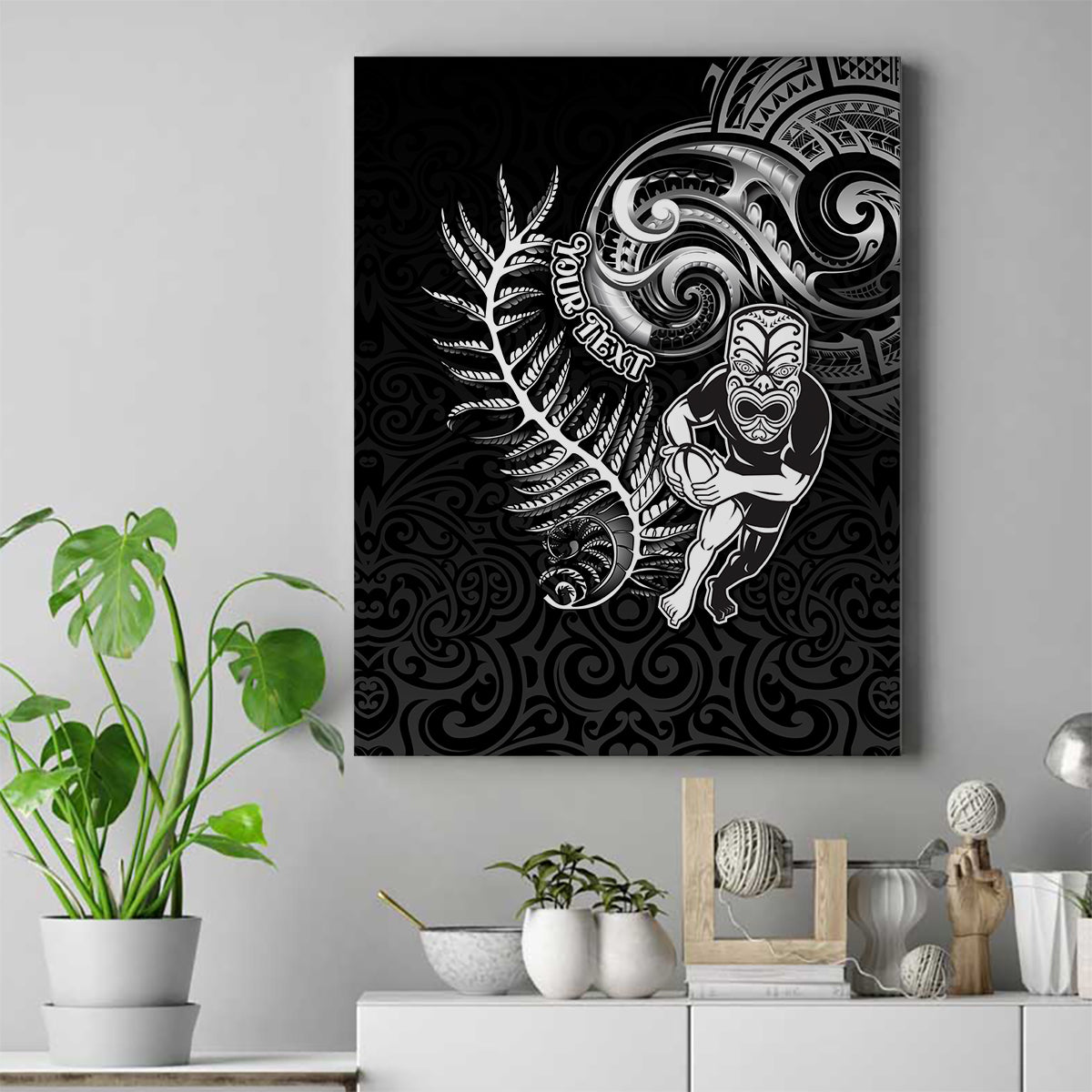 Personalised New Zealand Rugby Canvas Wall Art Maori Warrior Rugby with Silver Fern Sleeve Tribal Ethnic Style LT03 Black - Polynesian Pride