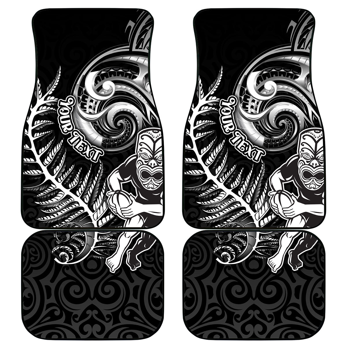 Personalised New Zealand Rugby Car Mats Maori Warrior Rugby with Silver Fern Sleeve Tribal Ethnic Style LT03 Black - Polynesian Pride