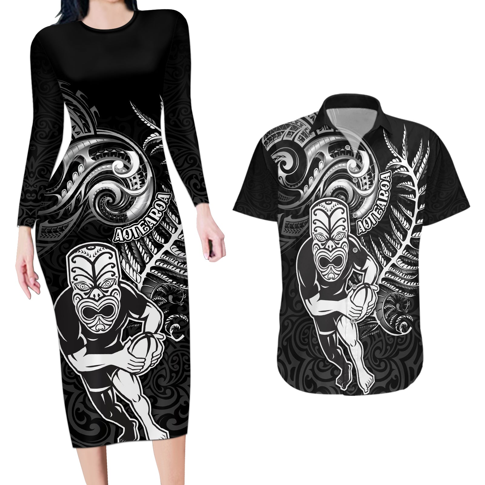 Personalised New Zealand Rugby Couples Matching Long Sleeve Bodycon Dress and Hawaiian Shirt Maori Warrior Rugby with Silver Fern Sleeve Tribal Ethnic Style LT03 Black - Polynesian Pride