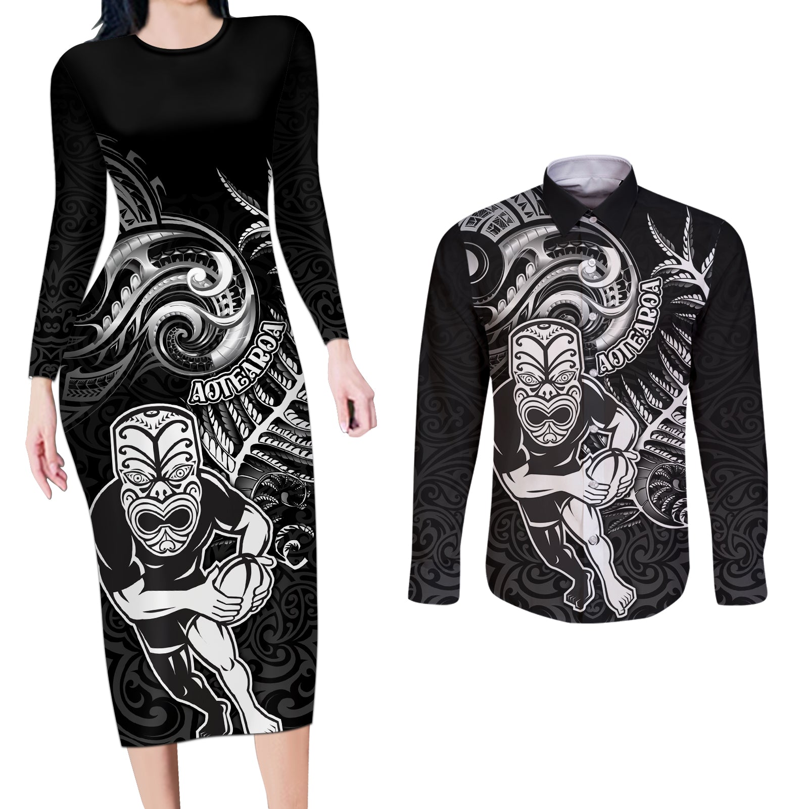 Personalised New Zealand Rugby Couples Matching Long Sleeve Bodycon Dress and Long Sleeve Button Shirt Maori Warrior Rugby with Silver Fern Sleeve Tribal Ethnic Style LT03 Black - Polynesian Pride