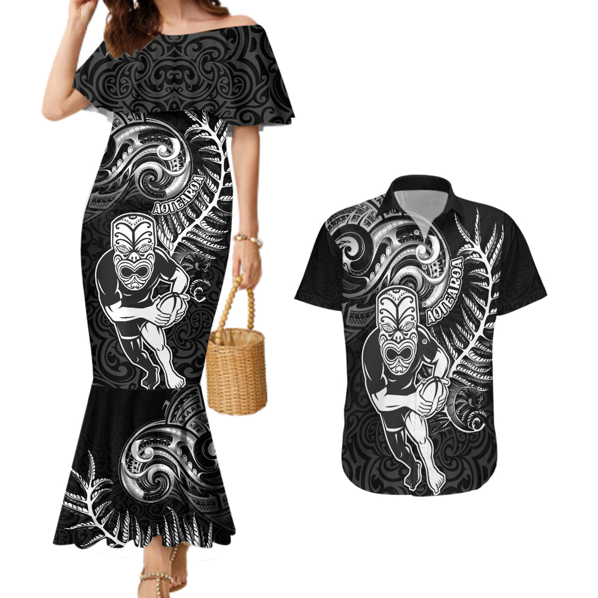 Personalised New Zealand Rugby Couples Matching Mermaid Dress and Hawaiian Shirt Maori Warrior Rugby with Silver Fern Sleeve Tribal Ethnic Style LT03 Black - Polynesian Pride