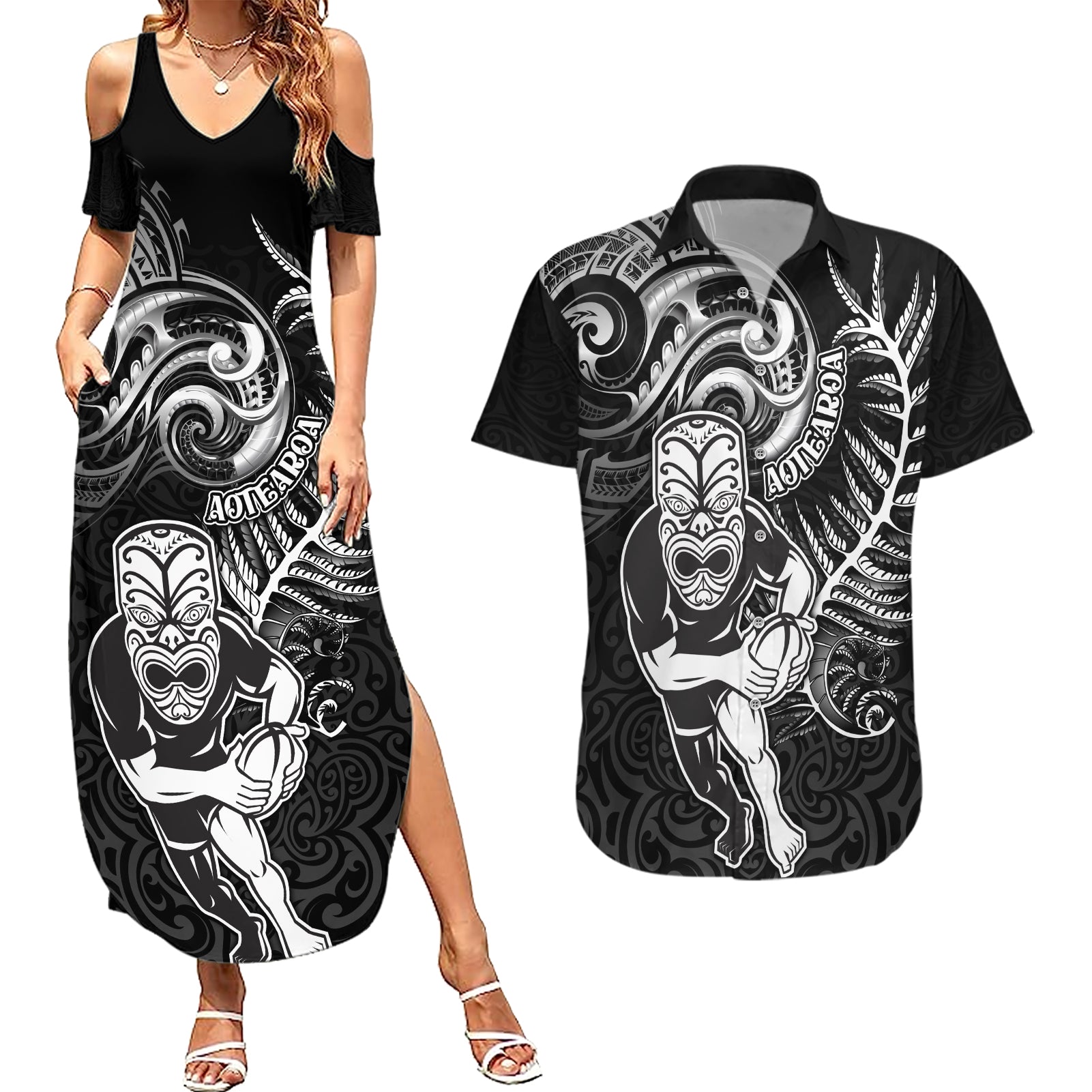 Personalised New Zealand Rugby Couples Matching Summer Maxi Dress and Hawaiian Shirt Maori Warrior Rugby with Silver Fern Sleeve Tribal Ethnic Style LT03 Black - Polynesian Pride