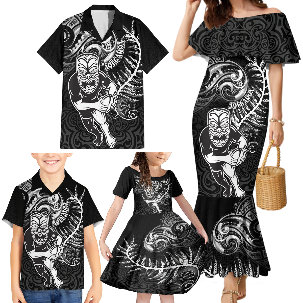 Personalised New Zealand Rugby Family Matching Mermaid Dress and Hawaiian Shirt Maori Warrior Rugby with Silver Fern Sleeve Tribal Ethnic Style LT03 - Polynesian Pride