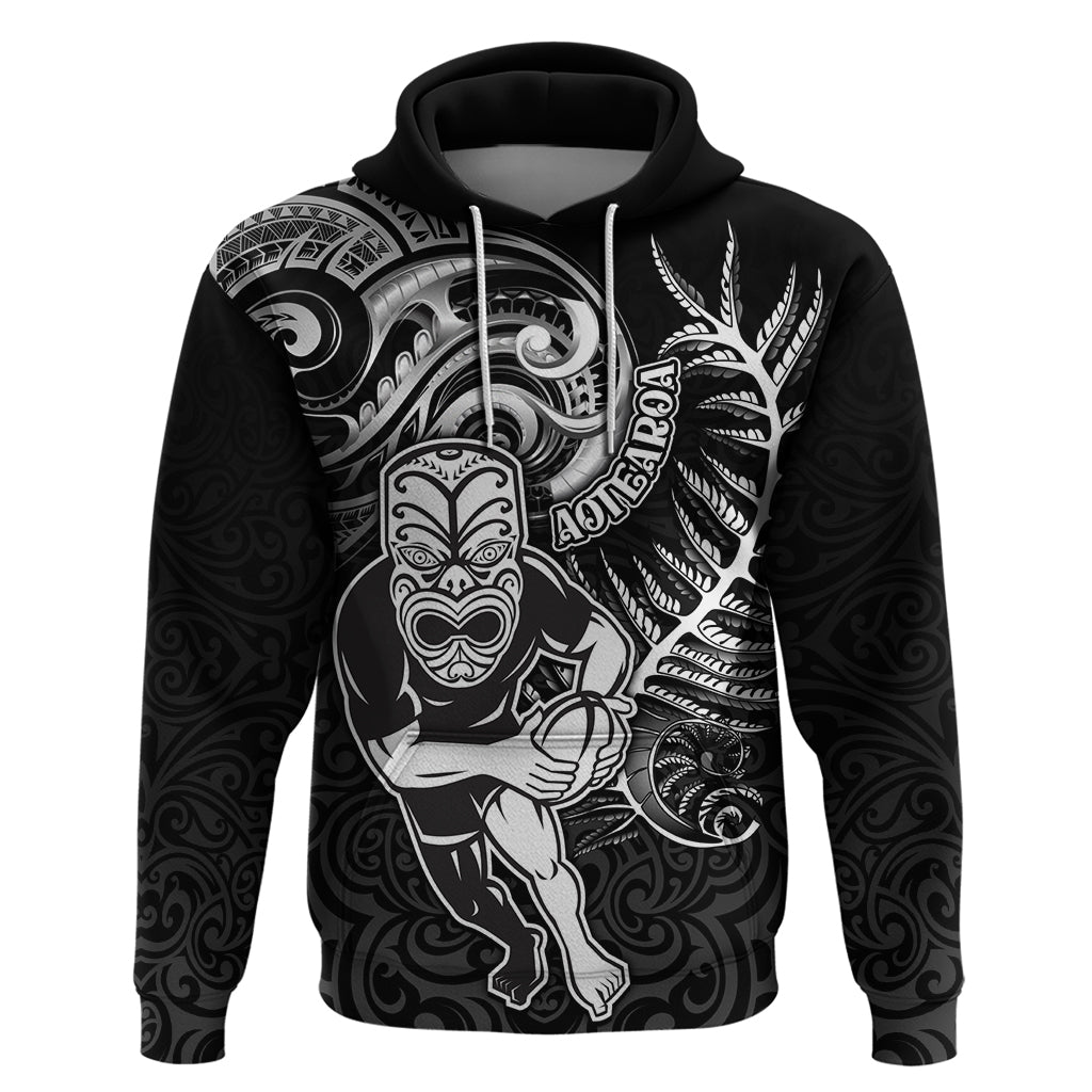 Personalised New Zealand Rugby Hoodie Maori Warrior Rugby with Silver Fern Sleeve Tribal Ethnic Style LT03 Black - Polynesian Pride