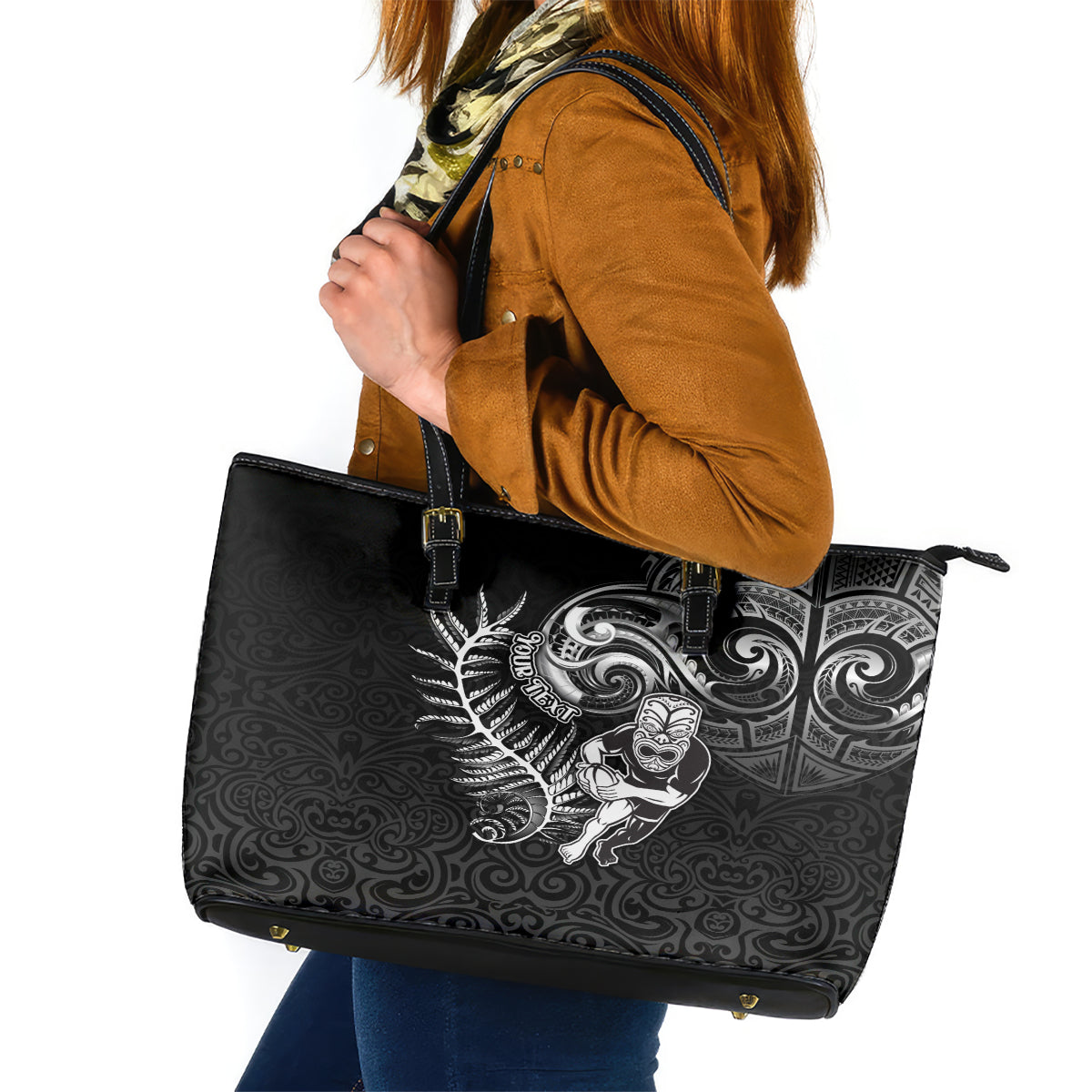 Personalised New Zealand Rugby Leather Tote Bag Maori Warrior Rugby with Silver Fern Sleeve Tribal Ethnic Style LT03 Black - Polynesian Pride