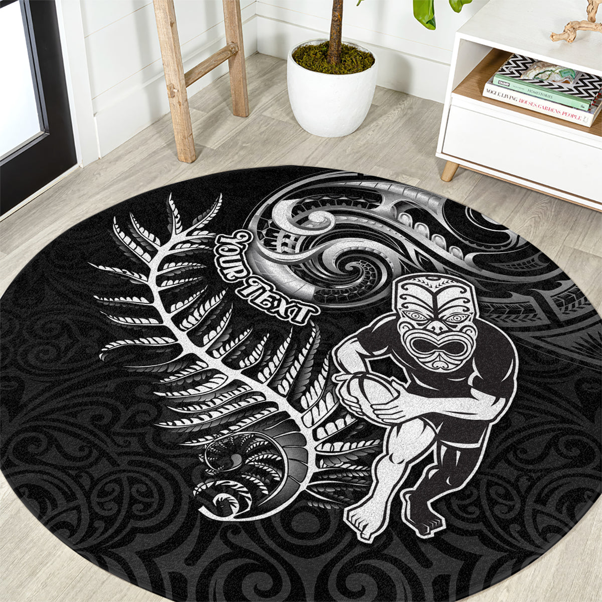 Personalised New Zealand Rugby Round Carpet Maori Warrior Rugby with Silver Fern Sleeve Tribal Ethnic Style LT03 Black - Polynesian Pride