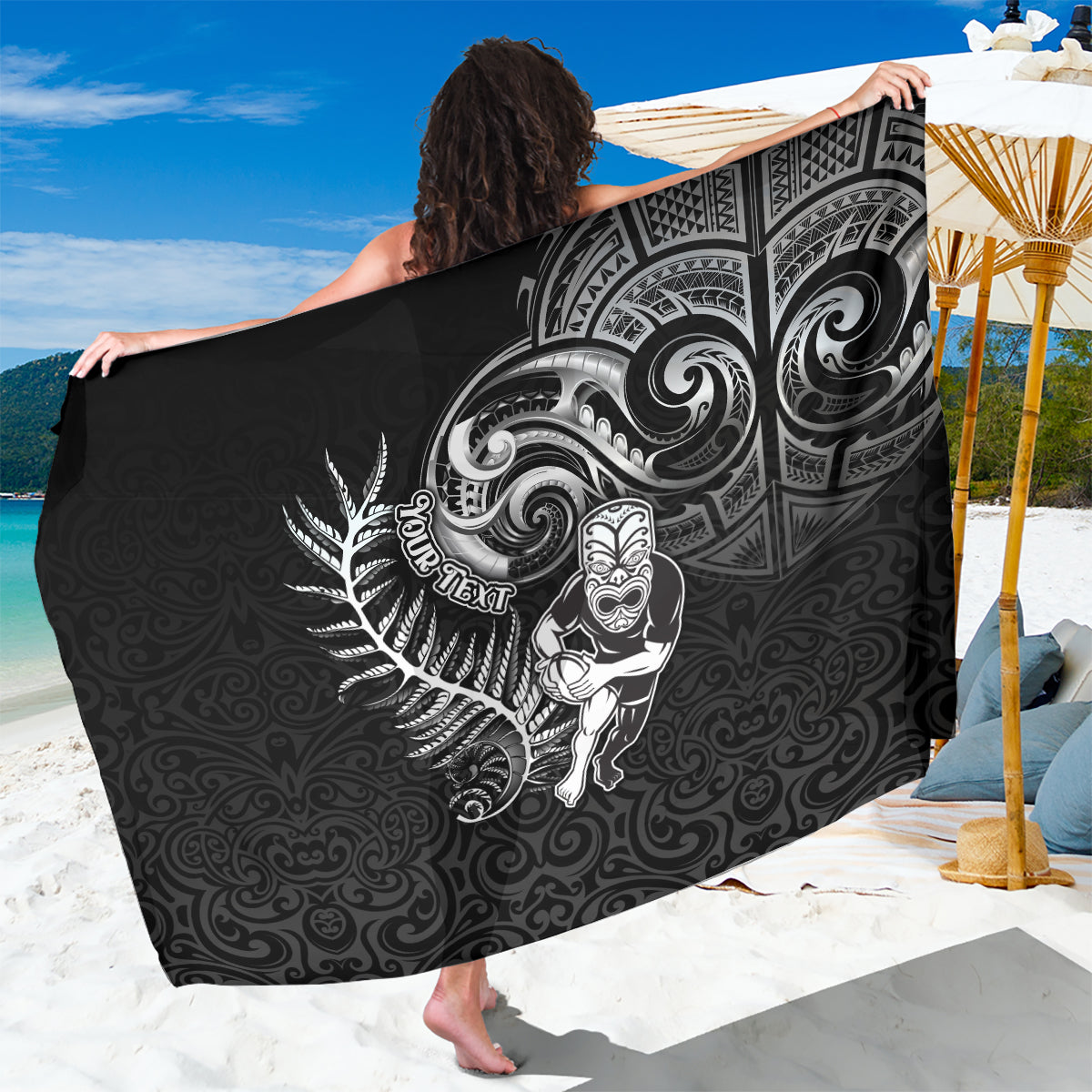 Personalised New Zealand Rugby Sarong Maori Warrior Rugby with Silver Fern Sleeve Tribal Ethnic Style LT03 One Size 44 x 66 inches Black - Polynesian Pride