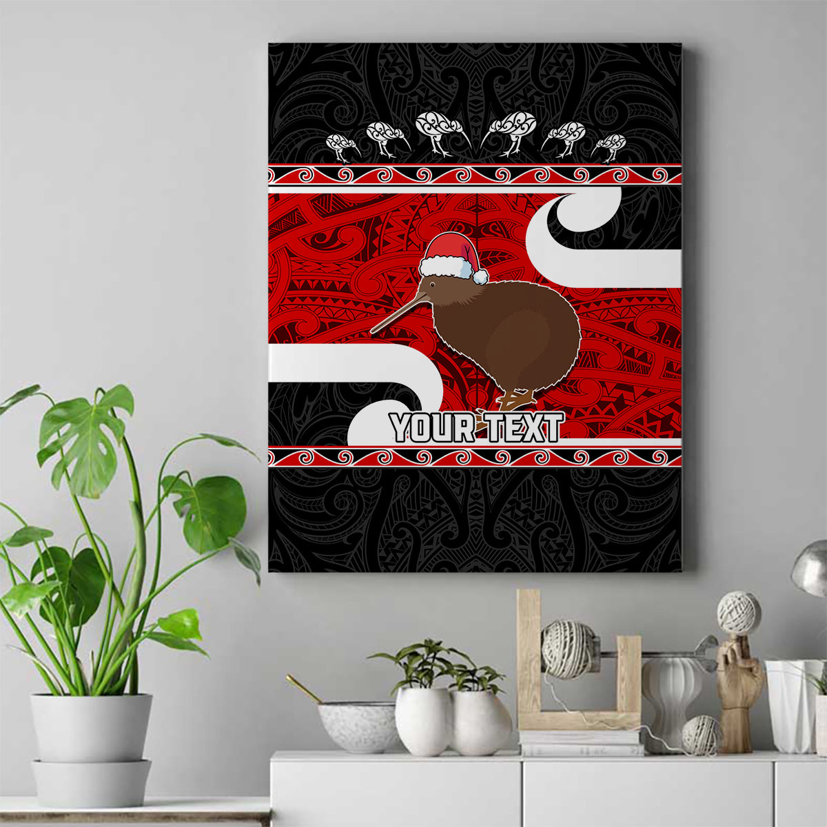 Personalized New Zealand Christmas Canvas Wall Art Santa Haka Fern and Kiwi Bird Tino Rangatiratanga Maori Flag Style LT03 Black - Polynesian Pride