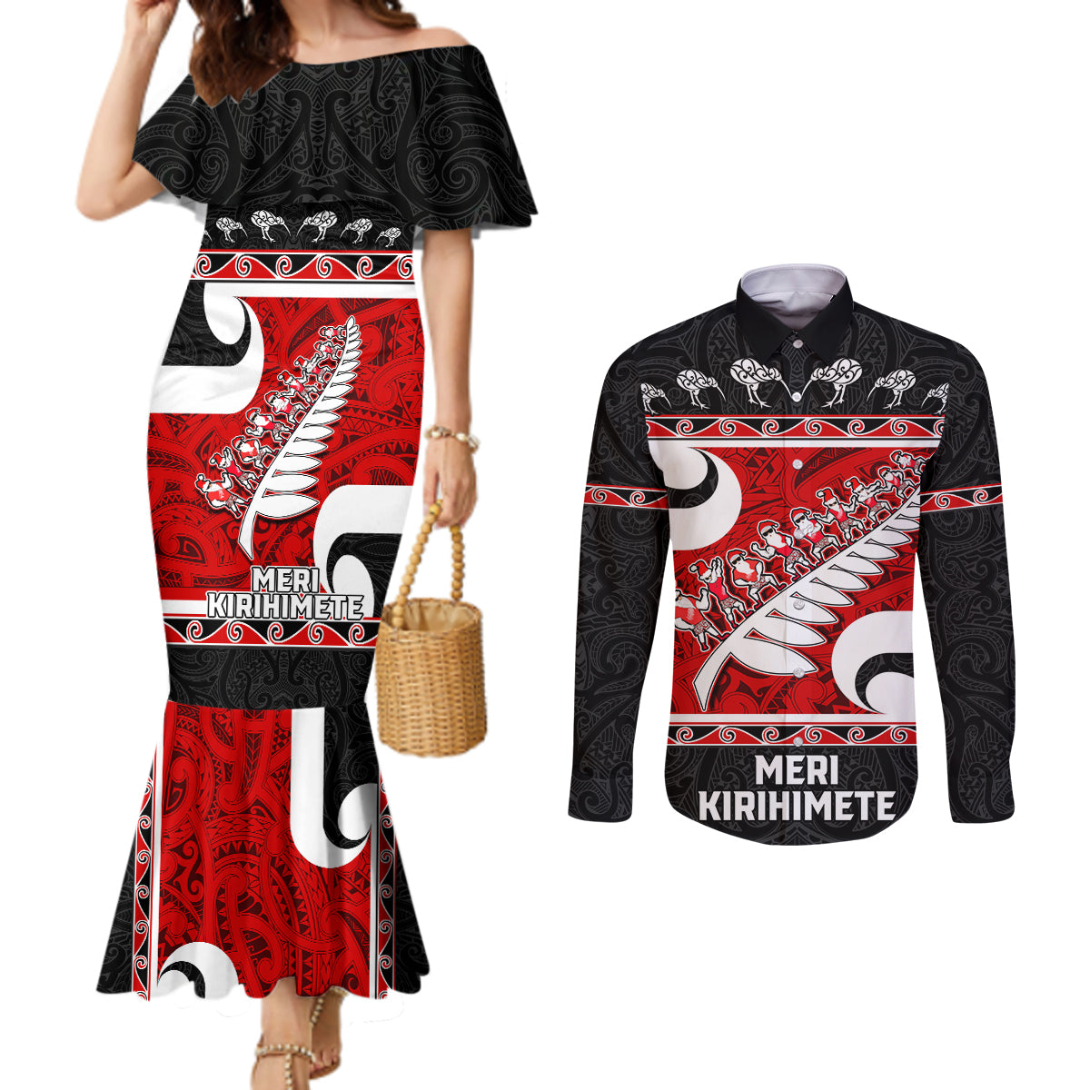 Personalized New Zealand Christmas Couples Matching Mermaid Dress and Long Sleeve Button Shirt Santa Haka Fern and Kiwi Bird Tino Rangatiratanga Maori Flag Style LT03 Black - Polynesian Pride