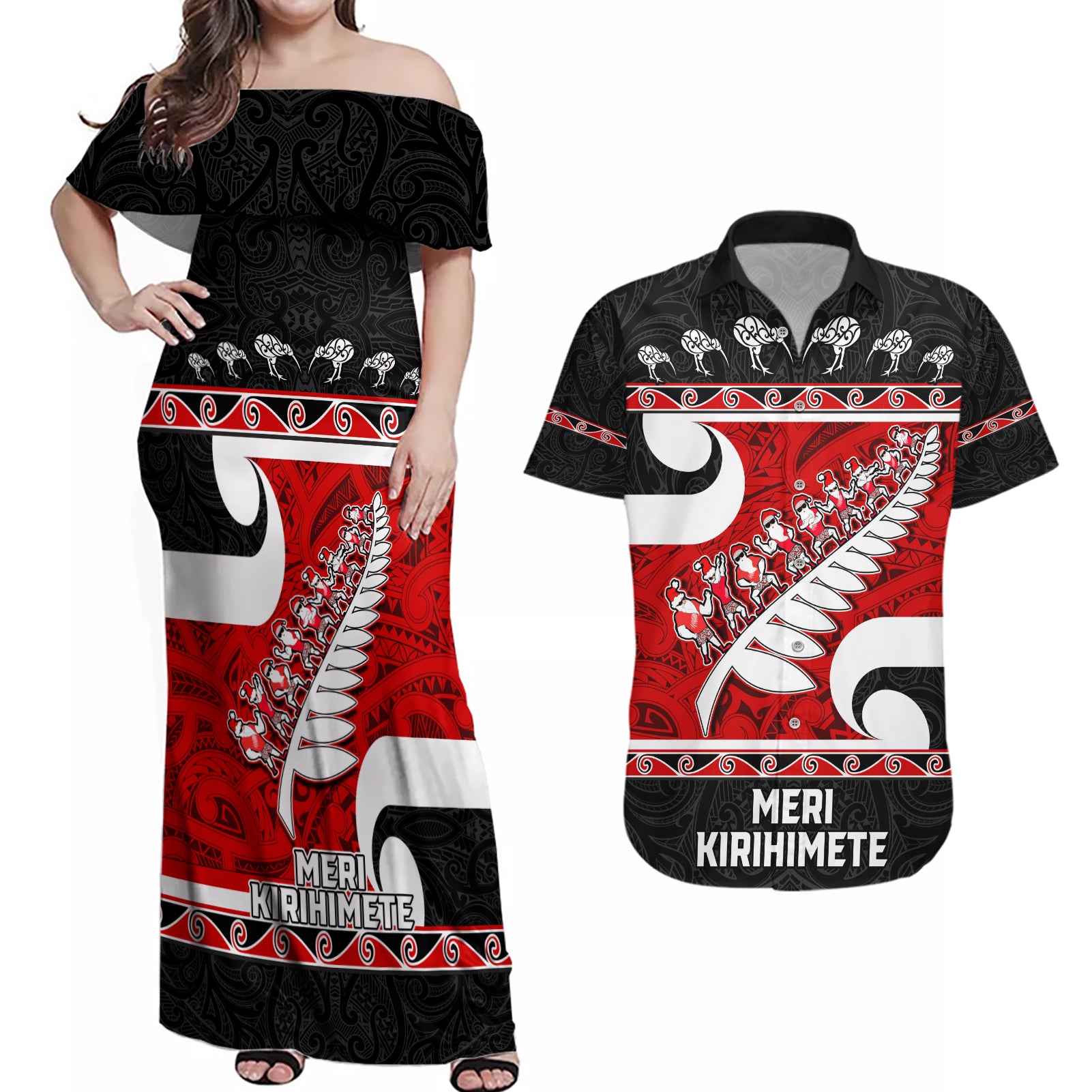 Personalized New Zealand Christmas Couples Matching Off Shoulder Maxi Dress and Hawaiian Shirt Santa Haka Fern and Kiwi Bird Tino Rangatiratanga Maori Flag Style LT03 Black - Polynesian Pride