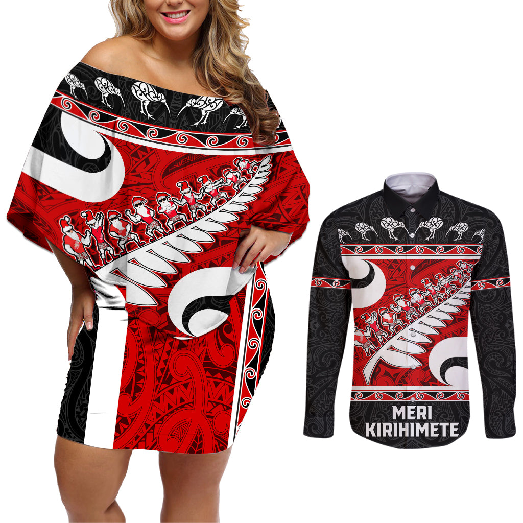 Personalized New Zealand Christmas Couples Matching Off Shoulder Short Dress and Long Sleeve Button Shirt Santa Haka Fern and Kiwi Bird Tino Rangatiratanga Maori Flag Style LT03 Black - Polynesian Pride