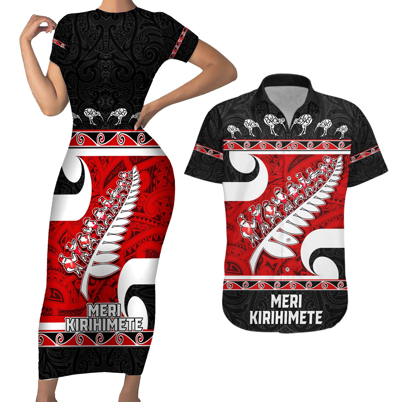 Personalized New Zealand Christmas Couples Matching Short Sleeve Bodycon Dress and Hawaiian Shirt Santa Haka Fern and Kiwi Bird Tino Rangatiratanga Maori Flag Style LT03 Black - Polynesian Pride