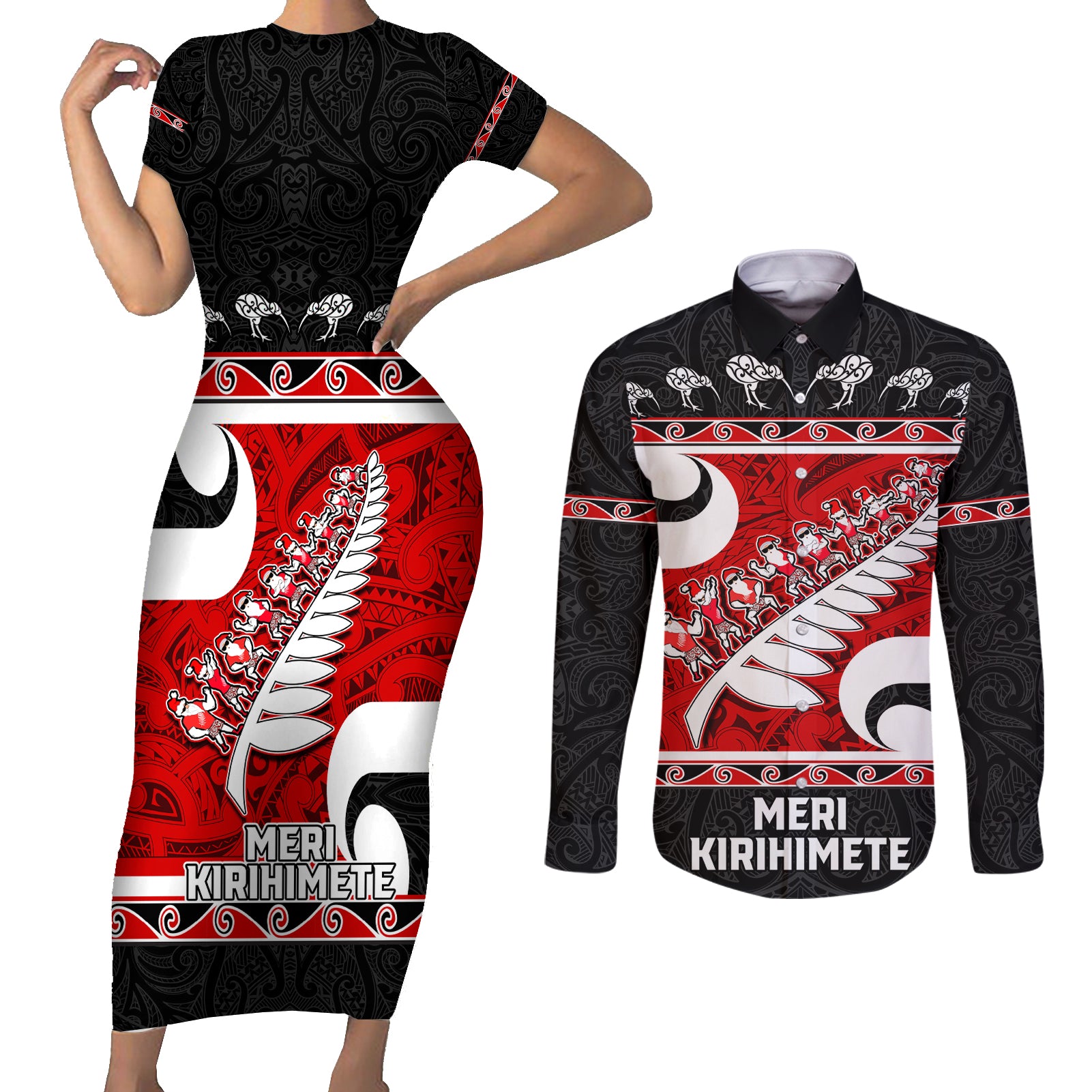 Personalized New Zealand Christmas Couples Matching Short Sleeve Bodycon Dress and Long Sleeve Button Shirt Santa Haka Fern and Kiwi Bird Tino Rangatiratanga Maori Flag Style LT03 Black - Polynesian Pride