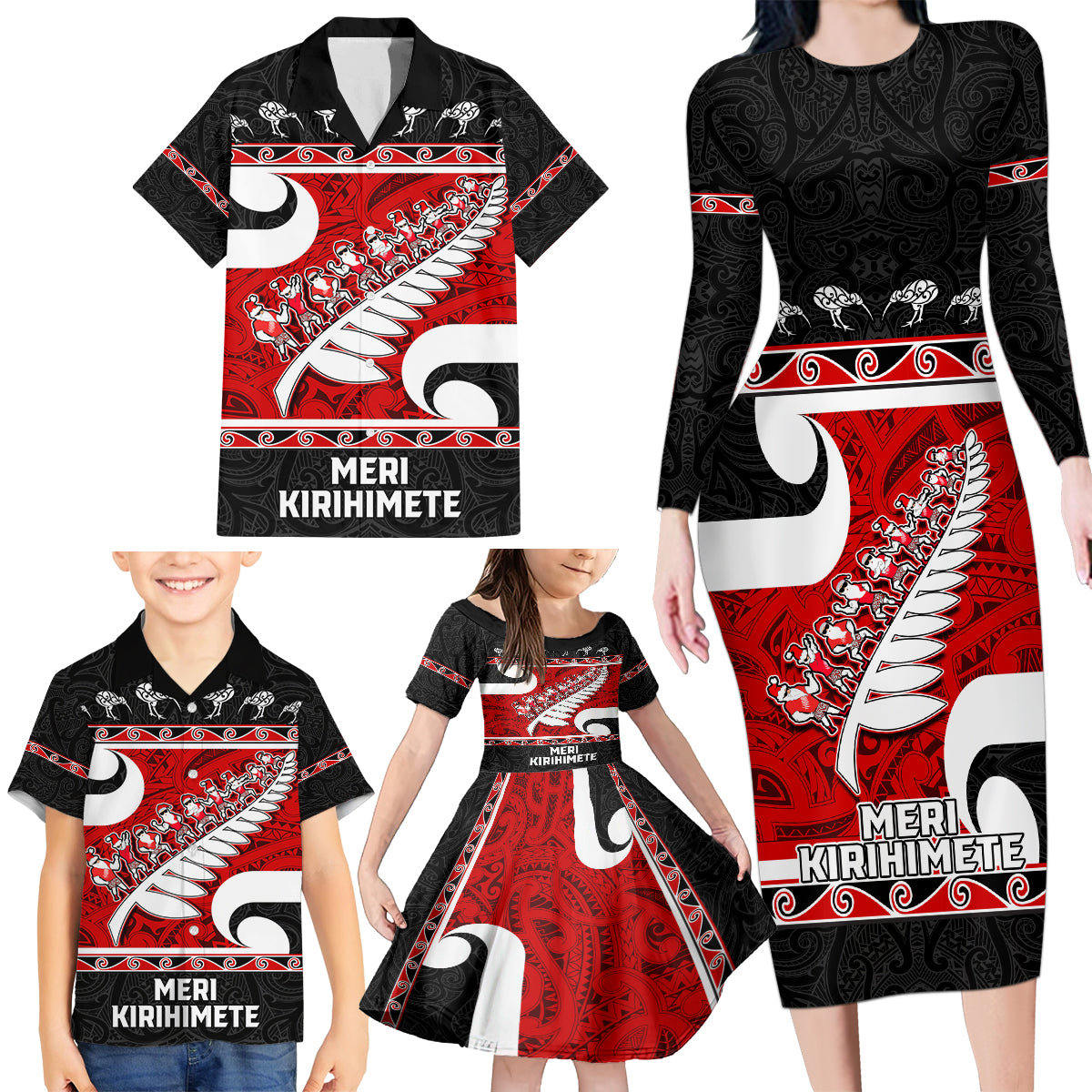 Personalized New Zealand Christmas Family Matching Long Sleeve Bodycon Dress and Hawaiian Shirt Santa Haka Fern and Kiwi Bird Tino Rangatiratanga Maori Flag Style LT03 - Polynesian Pride