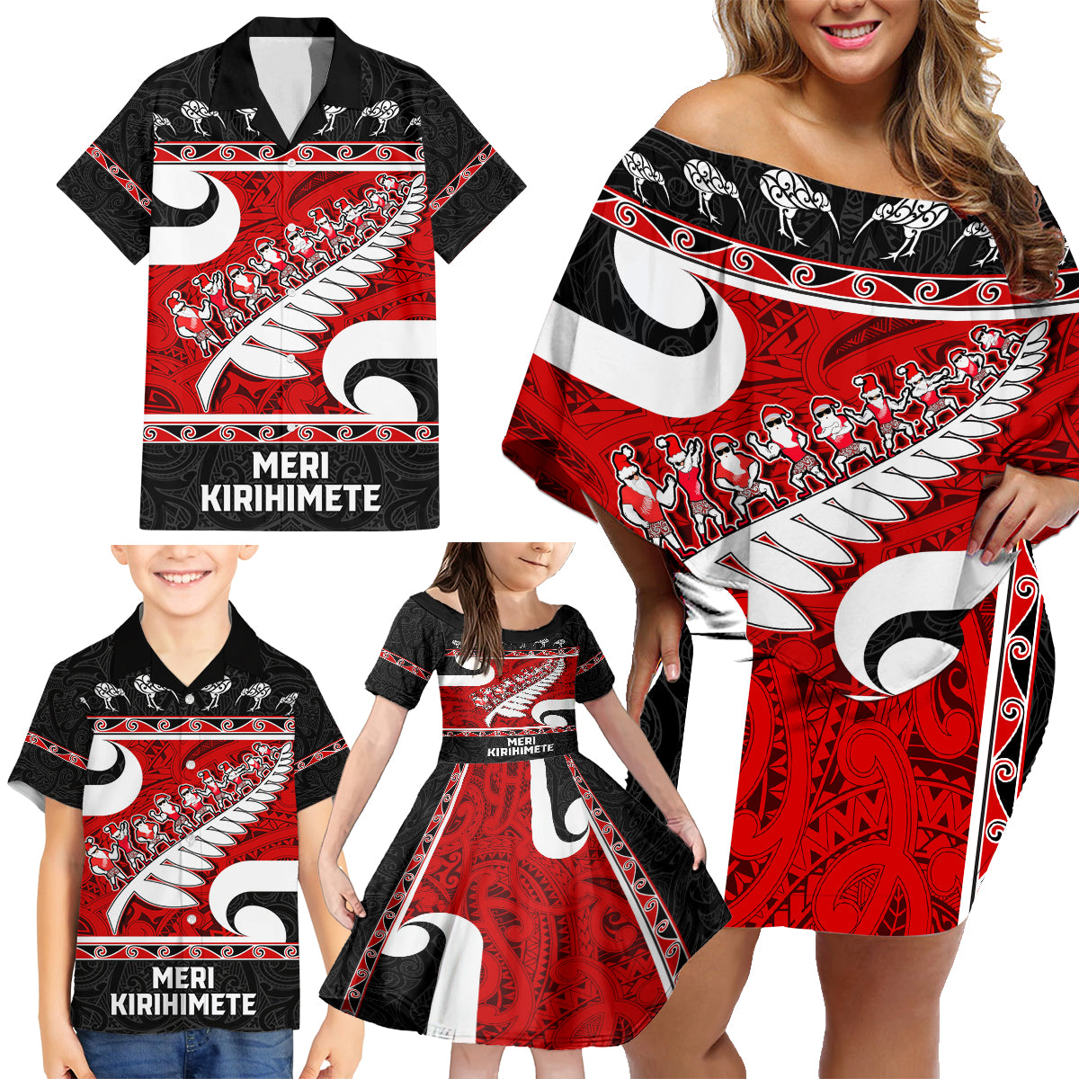 Personalized New Zealand Christmas Family Matching Off Shoulder Short Dress and Hawaiian Shirt Santa Haka Fern and Kiwi Bird Tino Rangatiratanga Maori Flag Style LT03 - Polynesian Pride