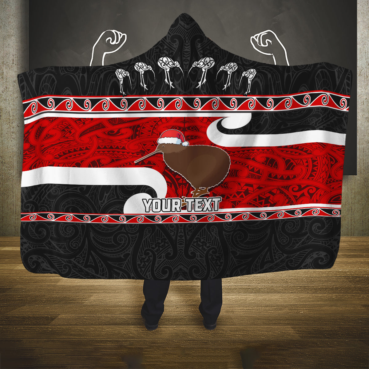 Personalized New Zealand Christmas Hooded Blanket Santa Haka Fern and Kiwi Bird Tino Rangatiratanga Maori Flag Style LT03 One Size Black - Polynesian Pride