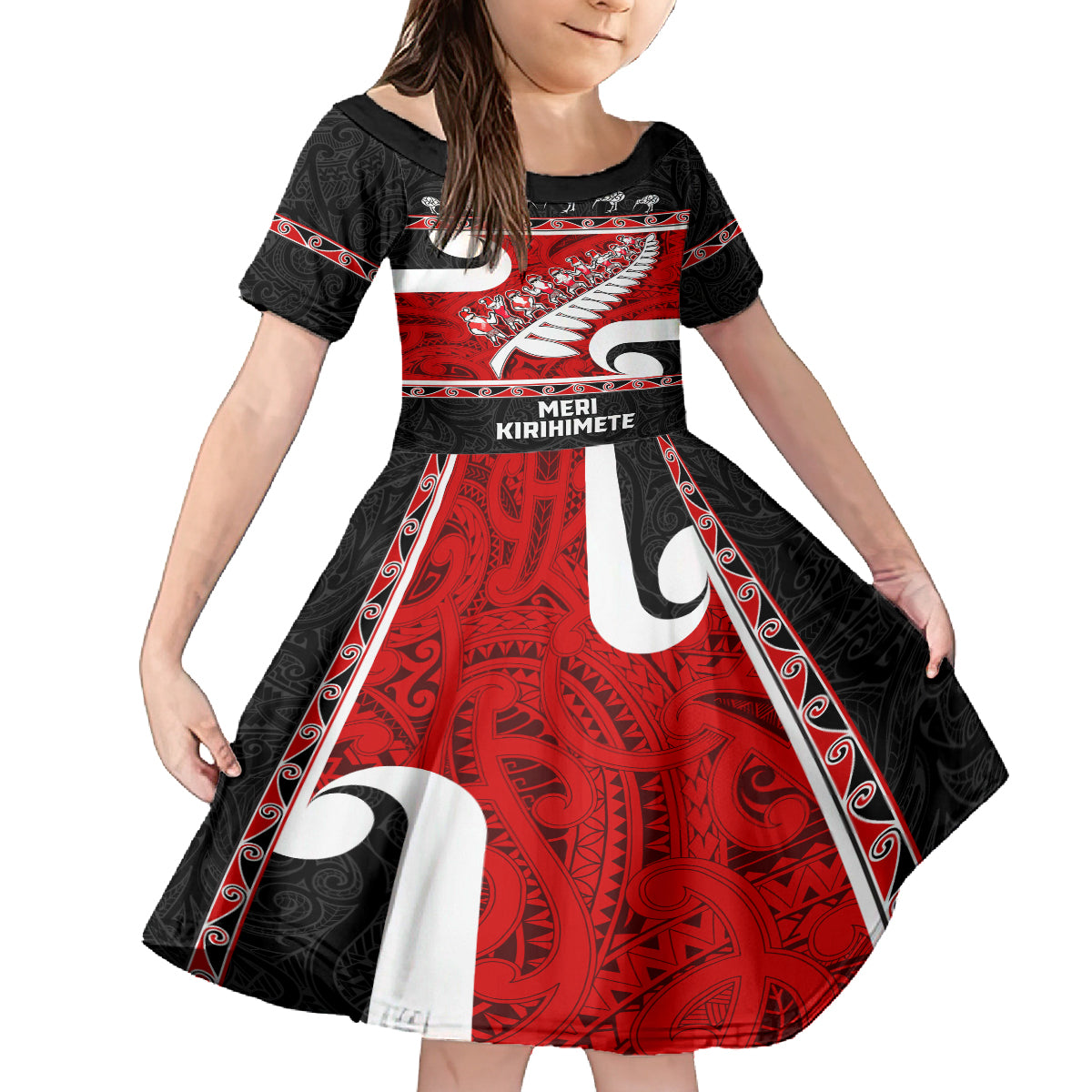 Personalized New Zealand Christmas Kid Short Sleeve Dress Santa Haka Fern and Kiwi Bird Tino Rangatiratanga Maori Flag Style LT03 KID Black - Polynesian Pride