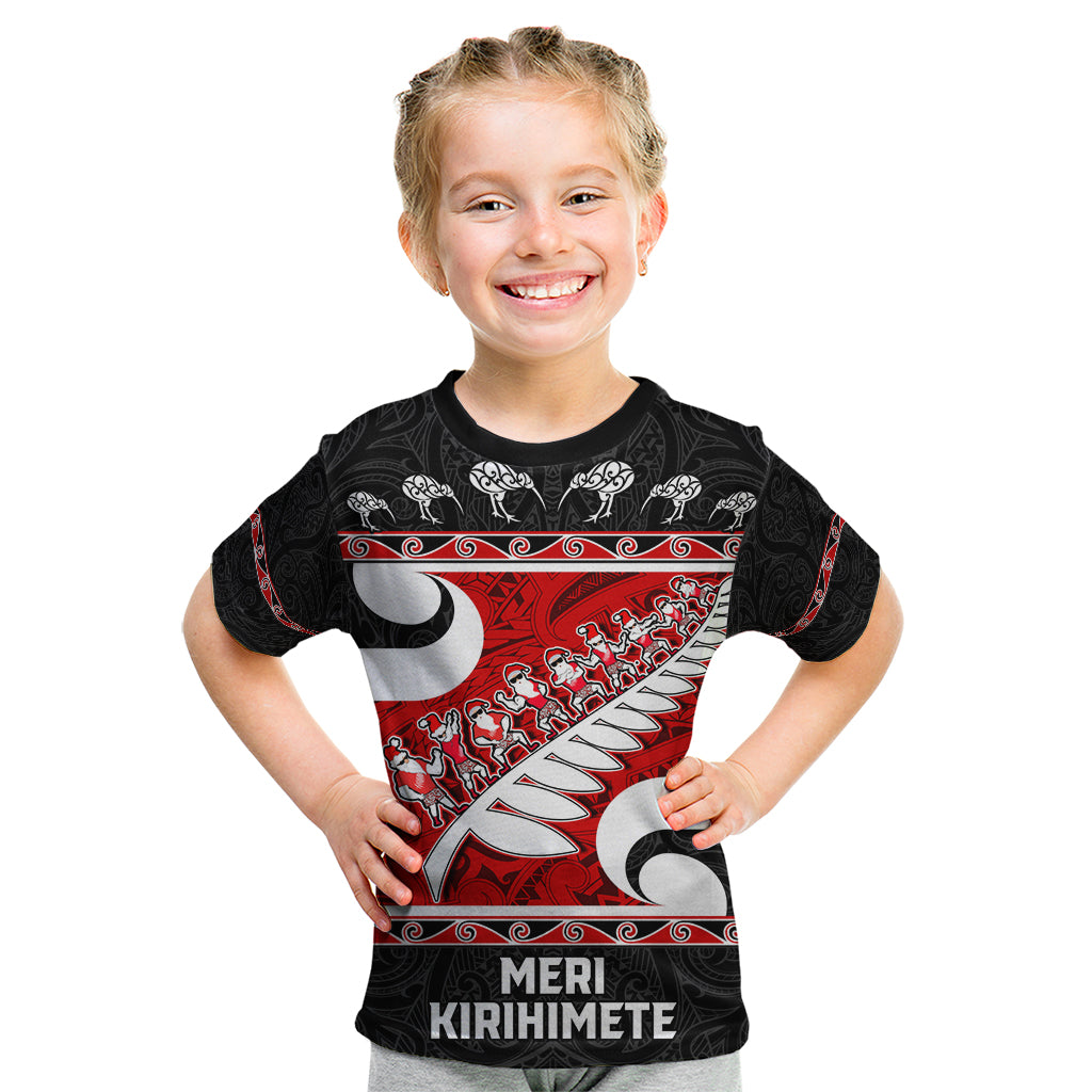 Personalized New Zealand Christmas Kid T Shirt Santa Haka Fern and Kiwi Bird Tino Rangatiratanga Maori Flag Style LT03 Black - Polynesian Pride