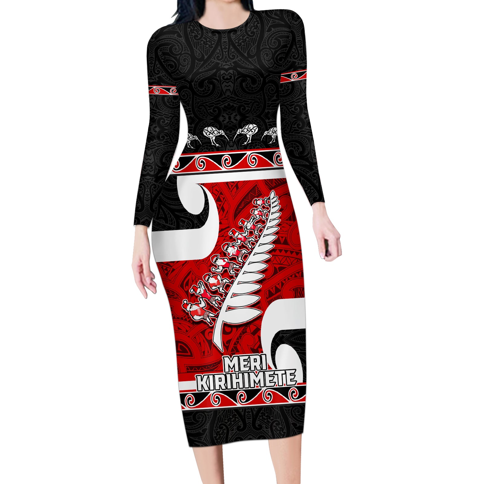 Personalized New Zealand Christmas Long Sleeve Bodycon Dress Santa Haka Fern and Kiwi Bird Tino Rangatiratanga Maori Flag Style LT03 Long Dress Black - Polynesian Pride