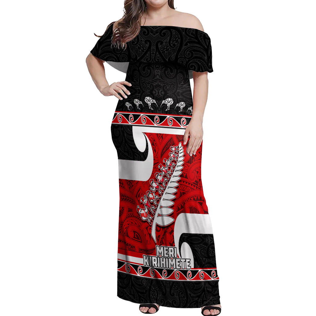 Personalized New Zealand Christmas Off Shoulder Maxi Dress Santa Haka Fern and Kiwi Bird Tino Rangatiratanga Maori Flag Style LT03 Women Black - Polynesian Pride