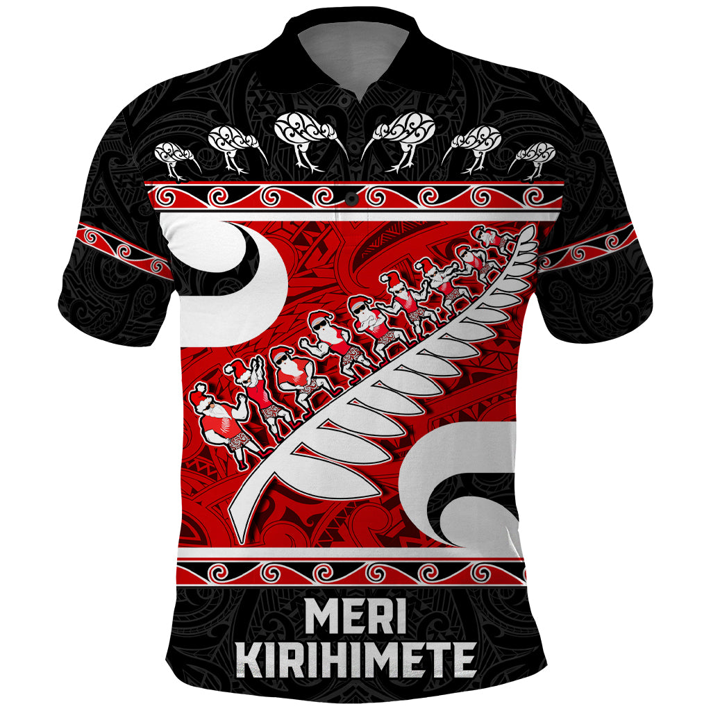 Personalized New Zealand Christmas Polo Shirt Santa Haka Fern and Kiwi Bird Tino Rangatiratanga Maori Flag Style LT03 Black - Polynesian Pride