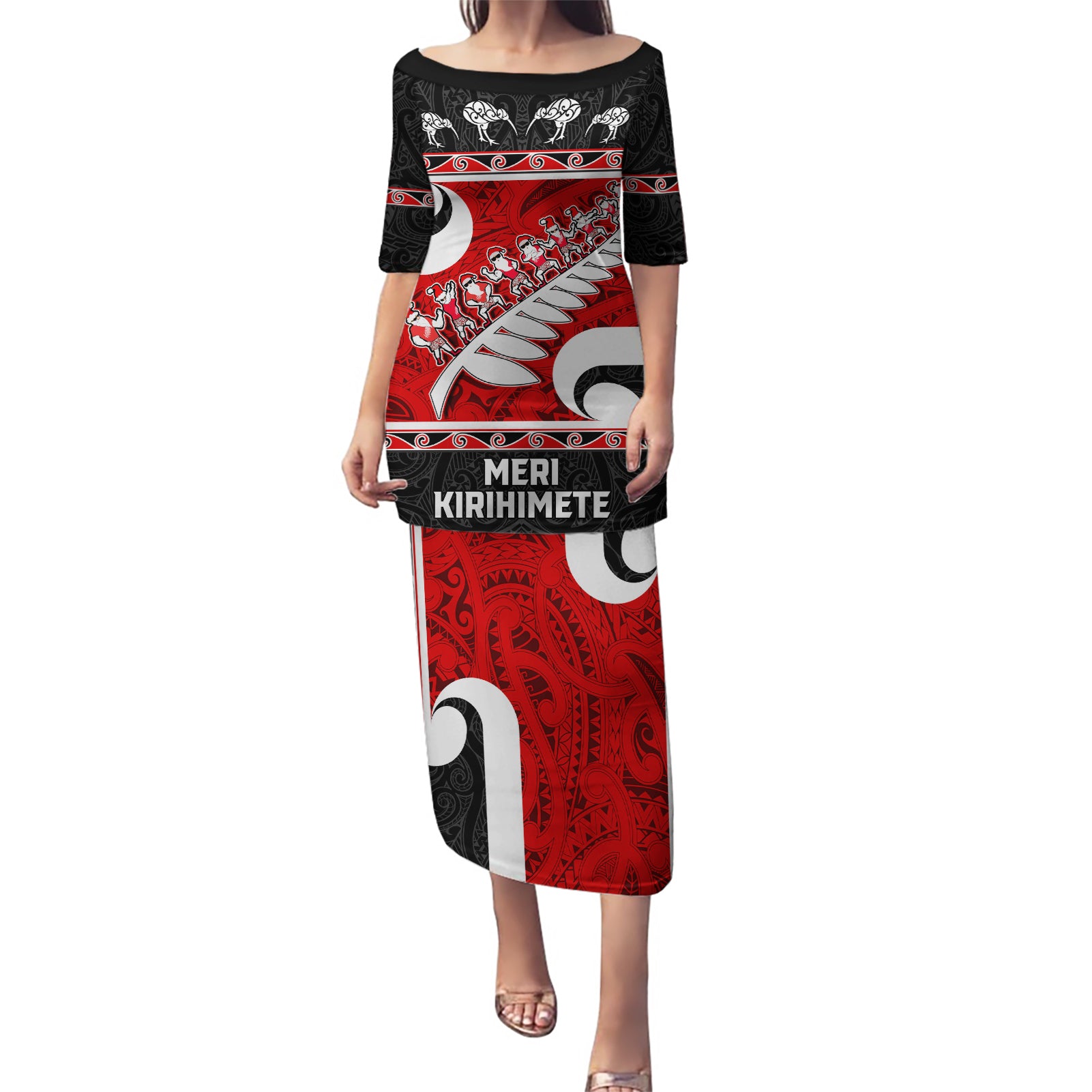 Personalized New Zealand Christmas Puletasi Santa Haka Fern and Kiwi Bird Tino Rangatiratanga Maori Flag Style LT03 Long Dress Black - Polynesian Pride