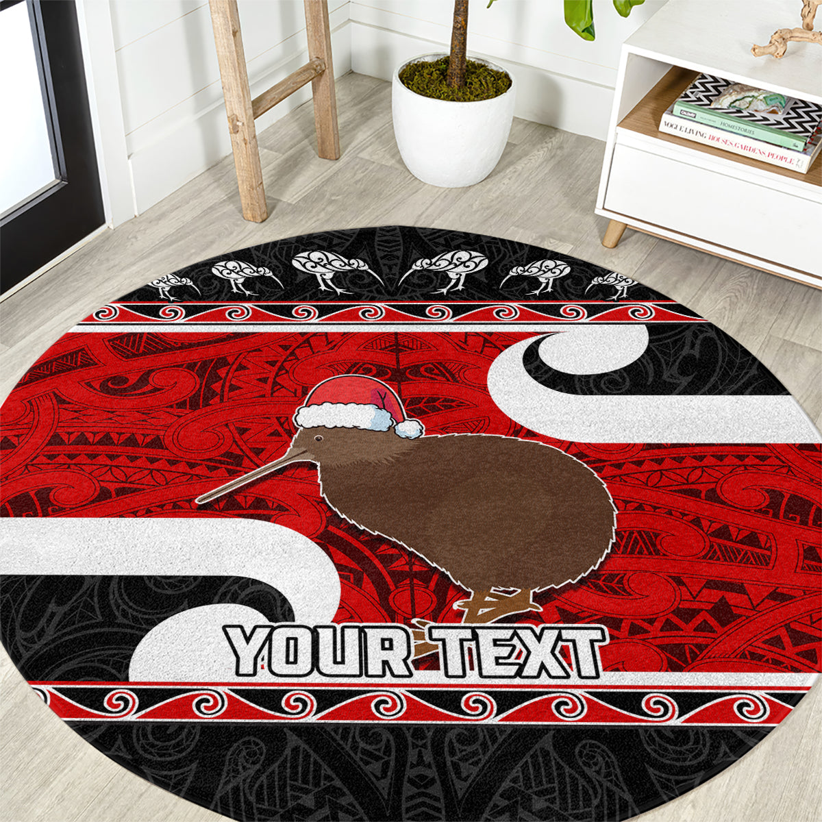 Personalized New Zealand Christmas Round Carpet Santa Haka Fern and Kiwi Bird Tino Rangatiratanga Maori Flag Style LT03 Black - Polynesian Pride