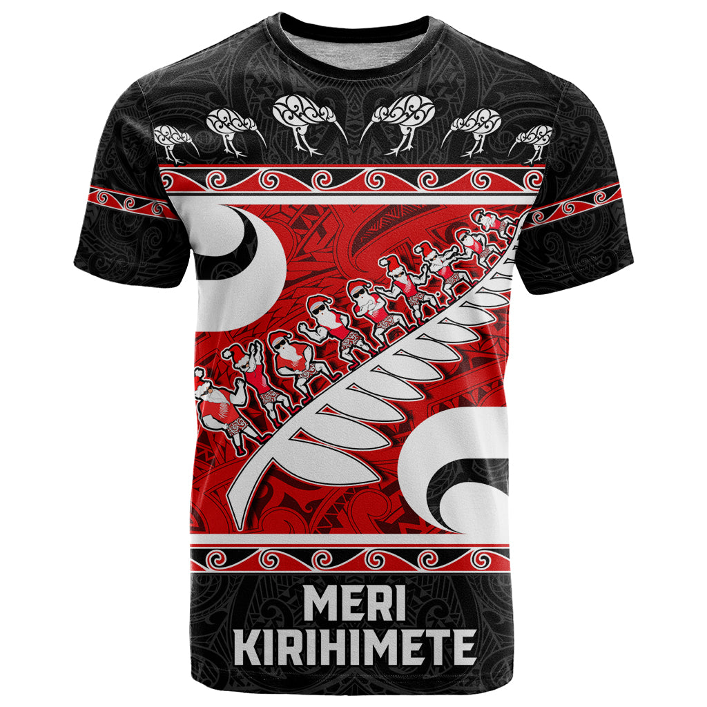 Personalized New Zealand Christmas T Shirt Santa Haka Fern and Kiwi Bird Tino Rangatiratanga Maori Flag Style LT03 Black - Polynesian Pride