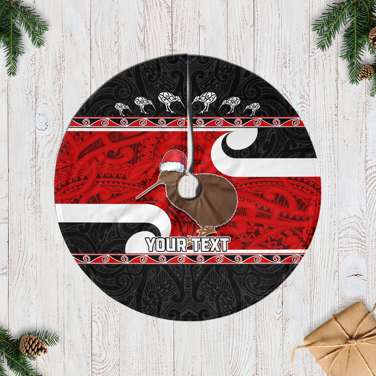 Personalized New Zealand Christmas Tree Skirt Santa Haka Fern and Kiwi Bird Tino Rangatiratanga Maori Flag Style LT03 Black - Polynesian Pride