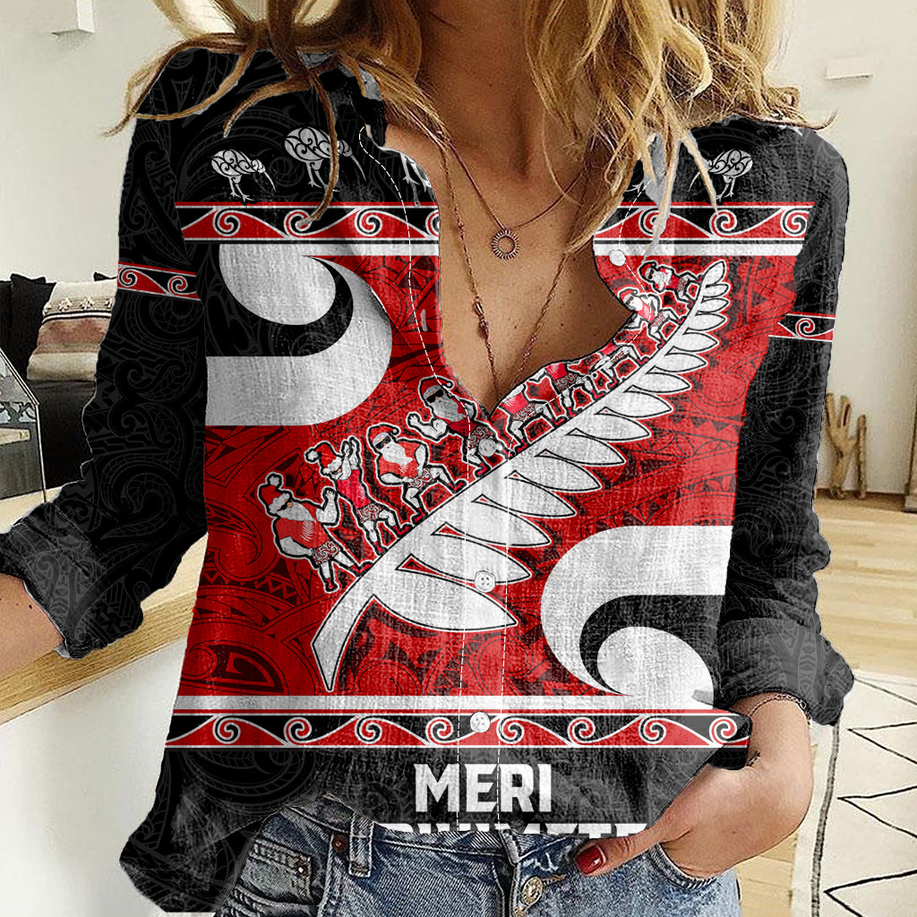 Personalized New Zealand Christmas Women Casual Shirt Santa Haka Fern and Kiwi Bird Tino Rangatiratanga Maori Flag Style LT03 Female Black - Polynesian Pride