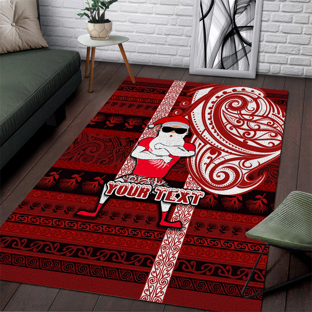 Personalized New Zealand Christmas Area Rug Santa Claus and Kiwi Bird Maori Tattoo Koru Pattern LT03 Red - Polynesian Pride