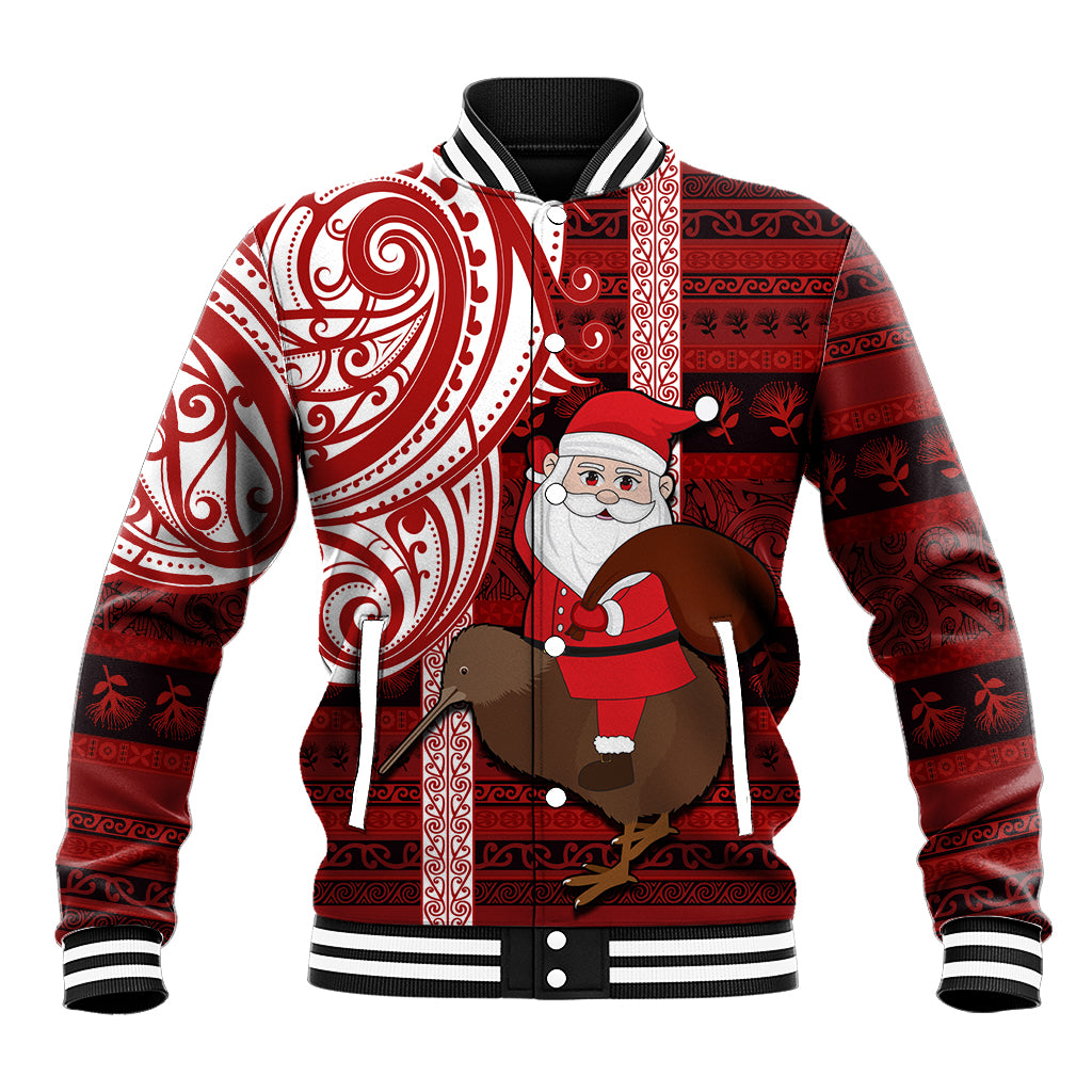 Personalized New Zealand Christmas Baseball Jacket Santa Claus and Kiwi Bird Maori Tattoo Koru Pattern LT03 Unisex Red - Polynesian Pride