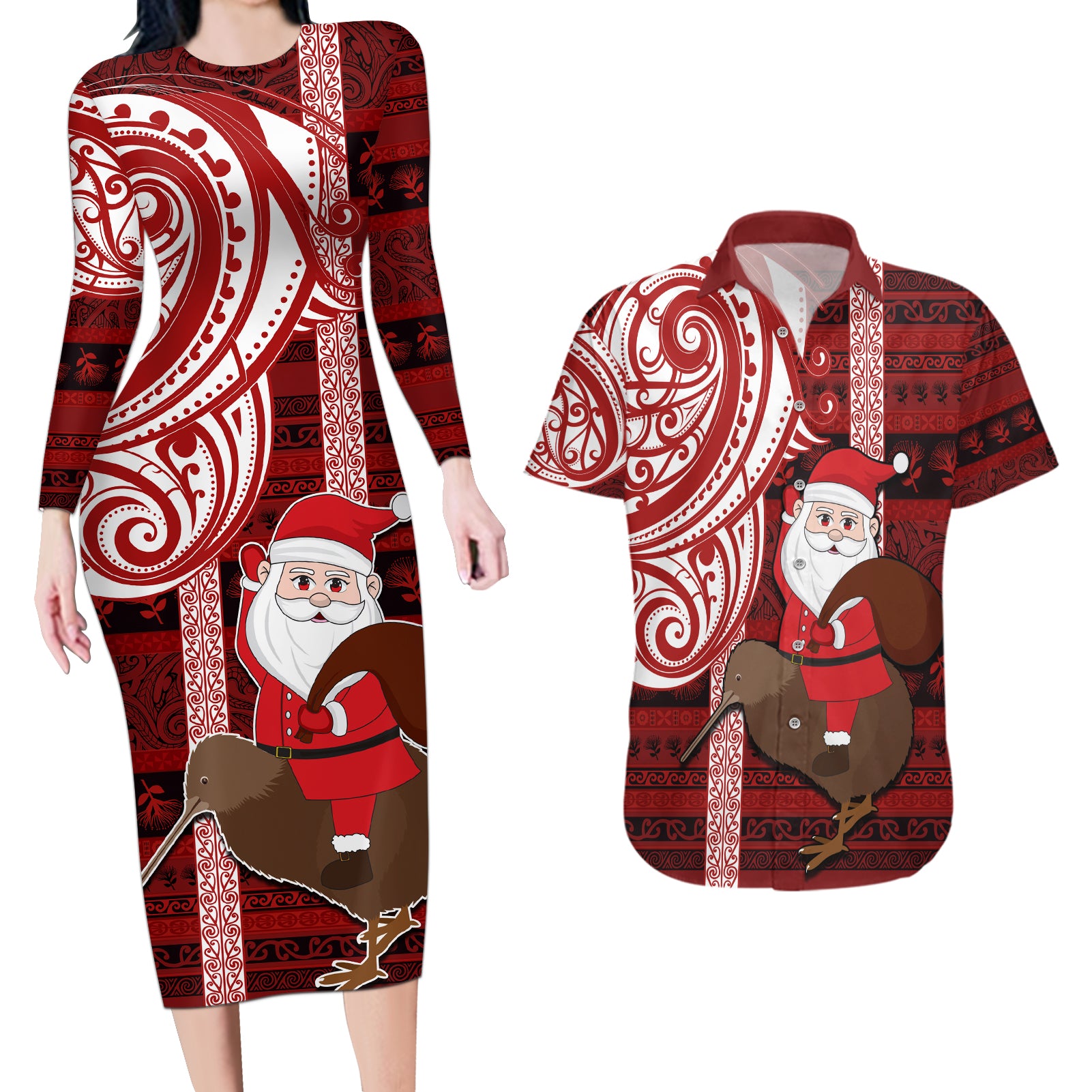 Personalized New Zealand Christmas Couples Matching Long Sleeve Bodycon Dress and Hawaiian Shirt Santa Claus and Kiwi Bird Maori Tattoo Koru Pattern LT03 Red - Polynesian Pride