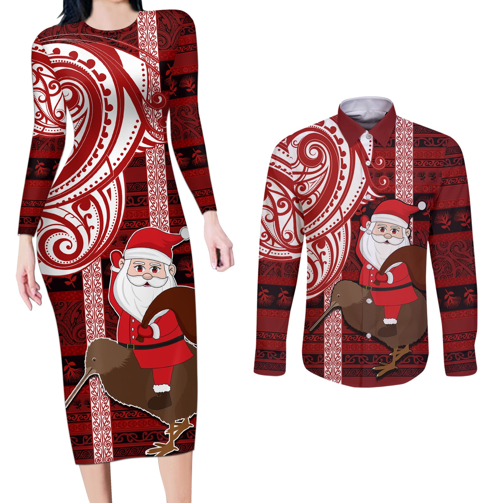 Personalized New Zealand Christmas Couples Matching Long Sleeve Bodycon Dress and Long Sleeve Button Shirt Santa Claus and Kiwi Bird Maori Tattoo Koru Pattern LT03 Red - Polynesian Pride