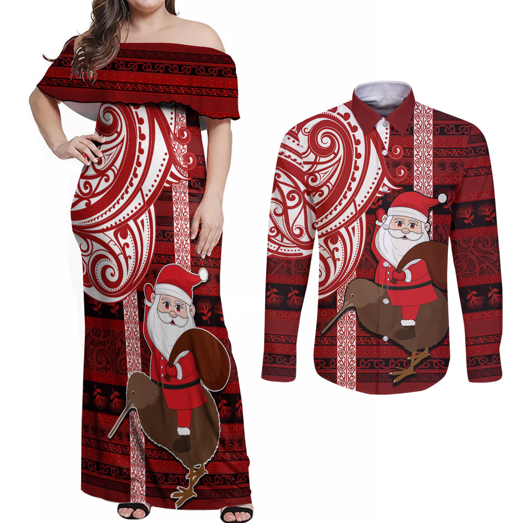 Personalized New Zealand Christmas Couples Matching Off Shoulder Maxi Dress and Long Sleeve Button Shirt Santa Claus and Kiwi Bird Maori Tattoo Koru Pattern LT03 Red - Polynesian Pride