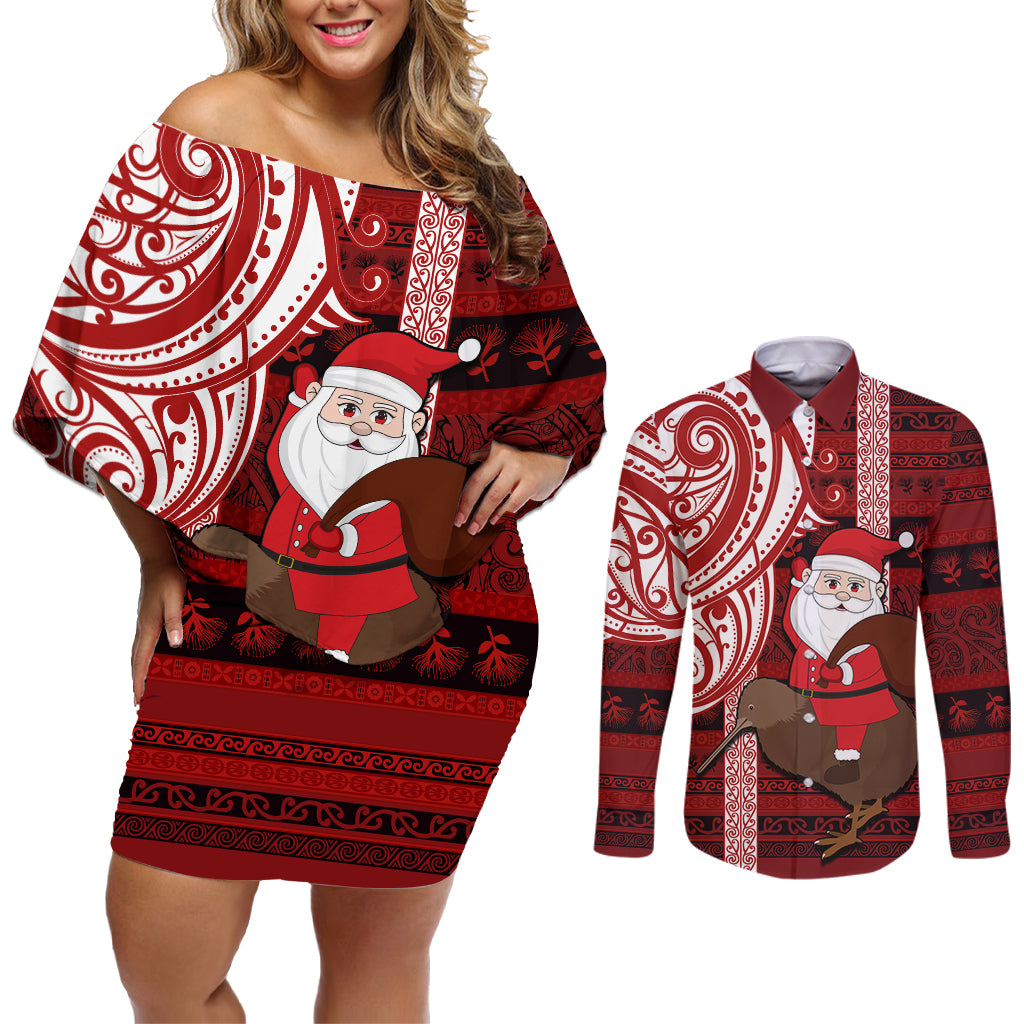 Personalized New Zealand Christmas Couples Matching Off Shoulder Short Dress and Long Sleeve Button Shirt Santa Claus and Kiwi Bird Maori Tattoo Koru Pattern LT03 Red - Polynesian Pride