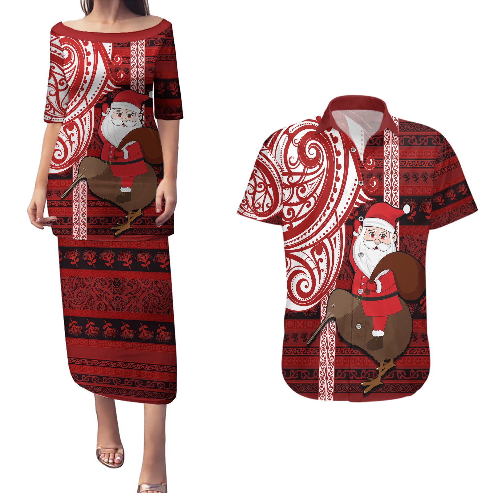 Personalized New Zealand Christmas Couples Matching Puletasi Dress and Hawaiian Shirt Santa Claus and Kiwi Bird Maori Tattoo Koru Pattern LT03 Red - Polynesian Pride