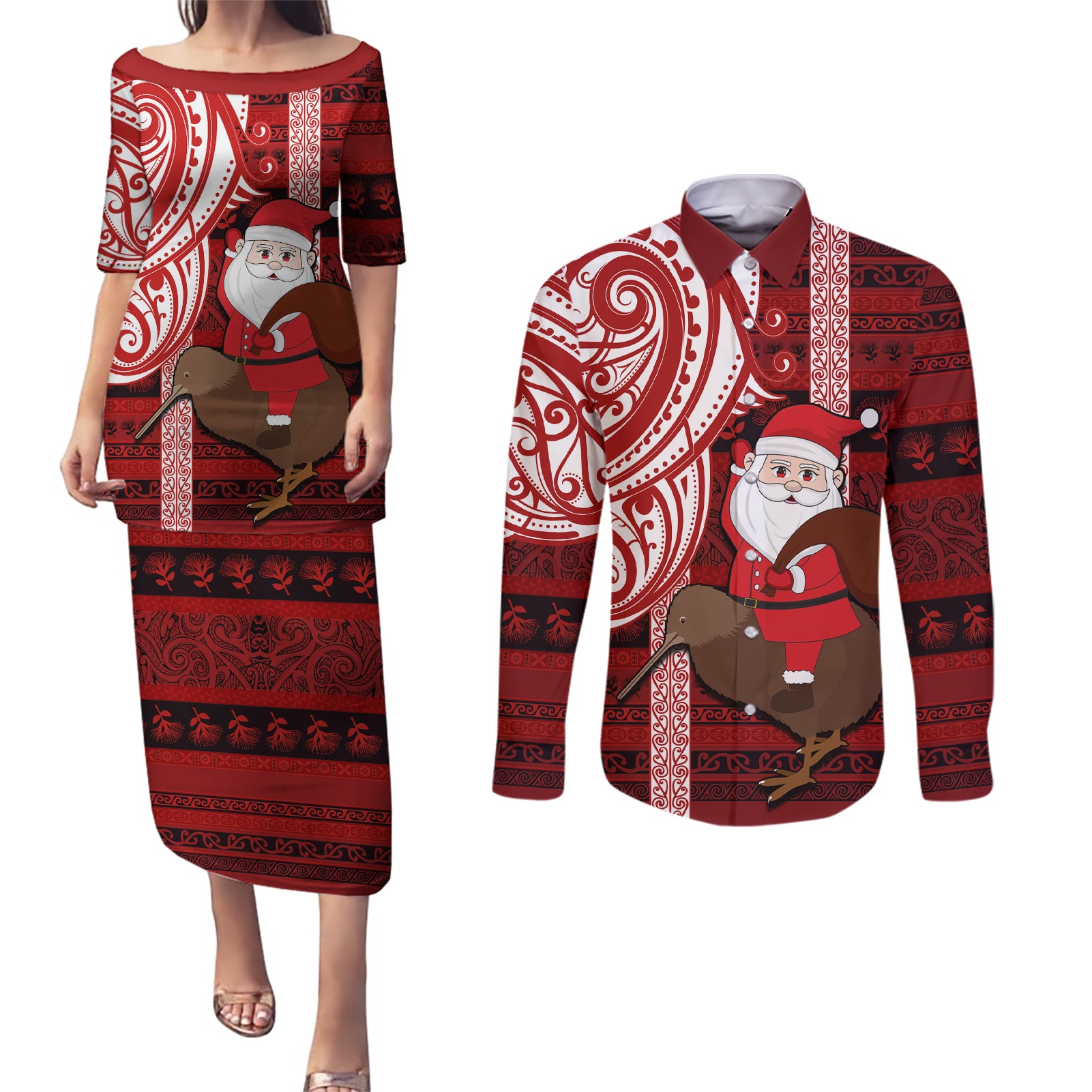 Personalized New Zealand Christmas Couples Matching Puletasi Dress and Long Sleeve Button Shirt Santa Claus and Kiwi Bird Maori Tattoo Koru Pattern LT03 Red - Polynesian Pride