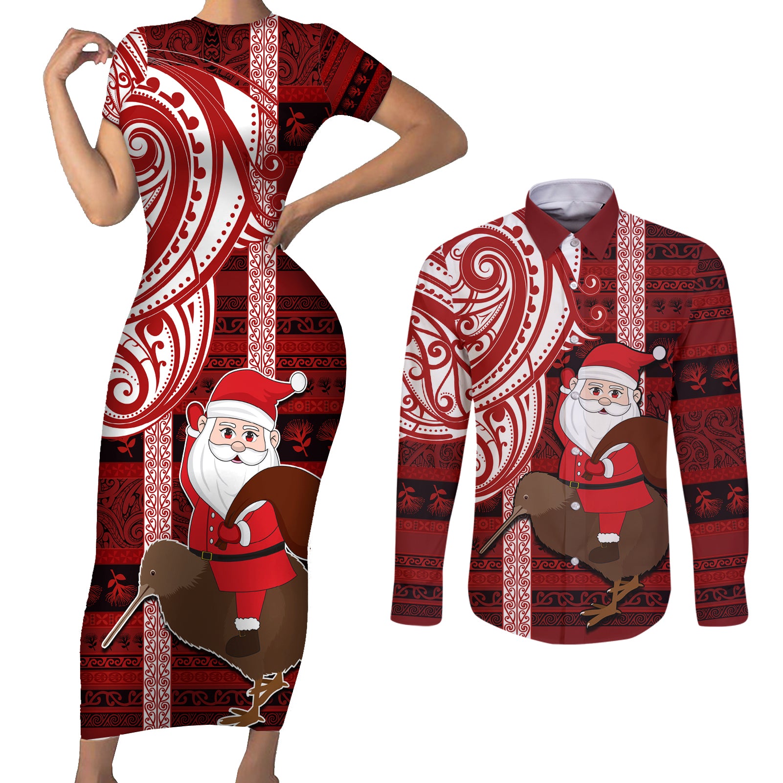 Personalized New Zealand Christmas Couples Matching Short Sleeve Bodycon Dress and Long Sleeve Button Shirt Santa Claus and Kiwi Bird Maori Tattoo Koru Pattern LT03 Red - Polynesian Pride