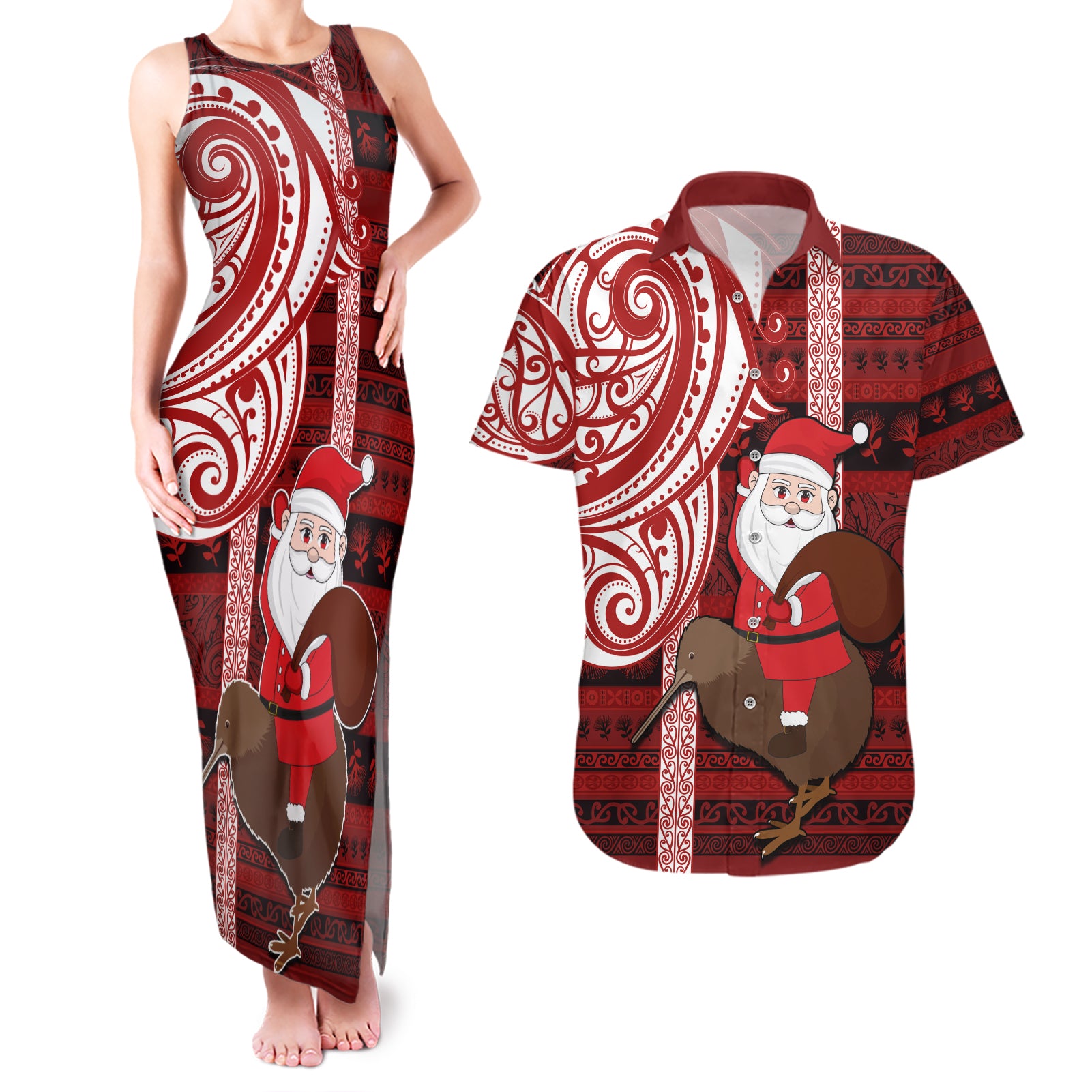 Personalized New Zealand Christmas Couples Matching Tank Maxi Dress and Hawaiian Shirt Santa Claus and Kiwi Bird Maori Tattoo Koru Pattern LT03 Red - Polynesian Pride