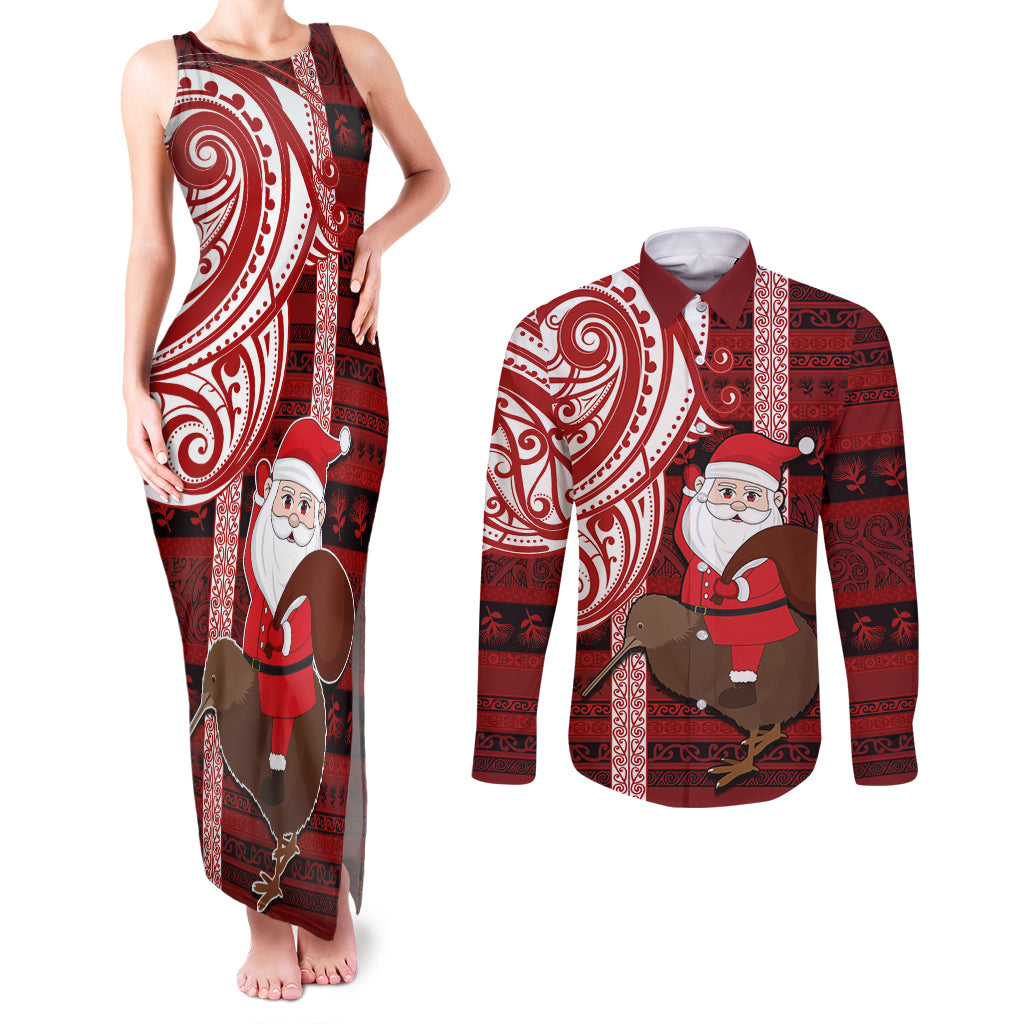 Personalized New Zealand Christmas Couples Matching Tank Maxi Dress and Long Sleeve Button Shirt Santa Claus and Kiwi Bird Maori Tattoo Koru Pattern LT03 Red - Polynesian Pride