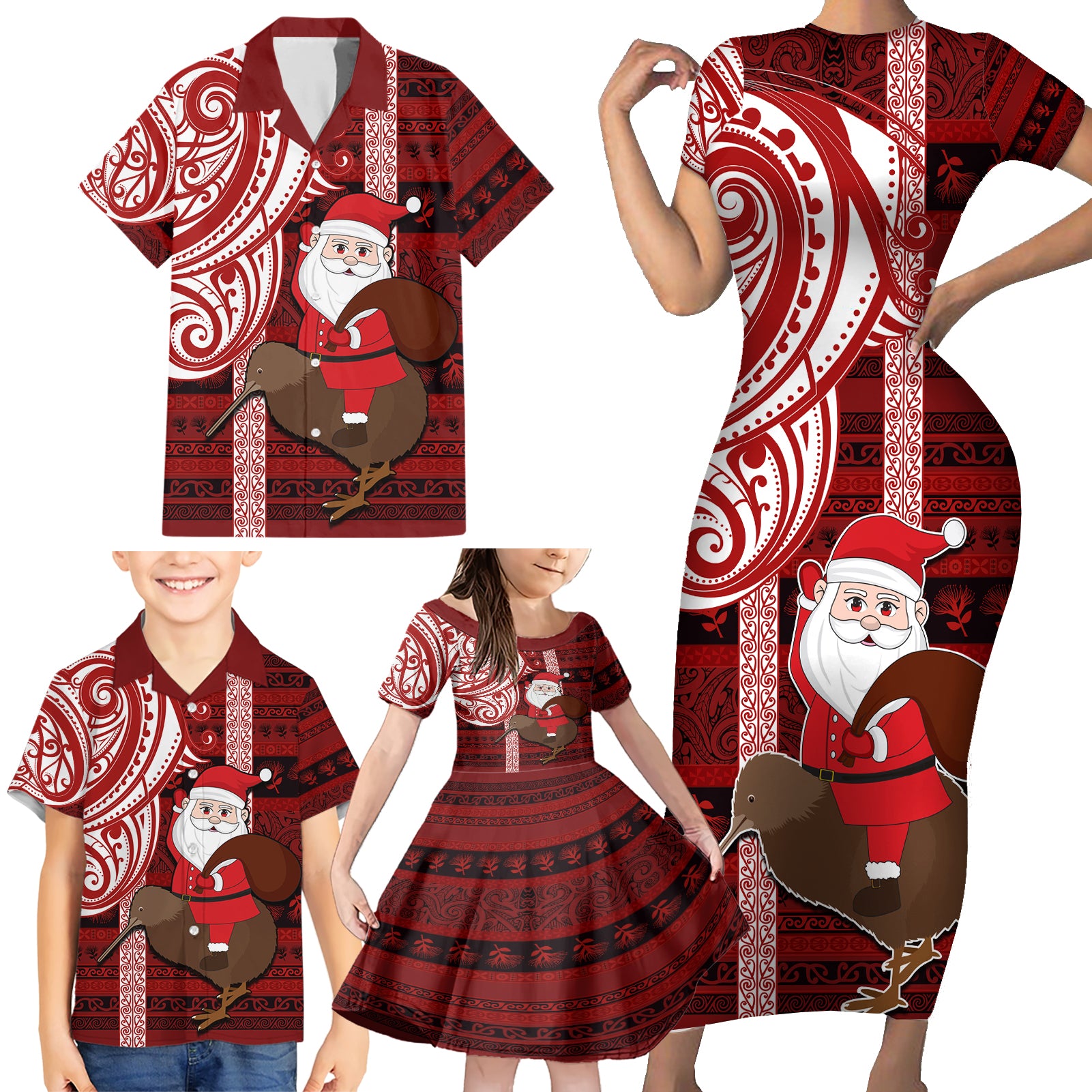 Personalized New Zealand Christmas Family Matching Short Sleeve Bodycon Dress and Hawaiian Shirt Santa Claus and Kiwi Bird Maori Tattoo Koru Pattern LT03 - Polynesian Pride