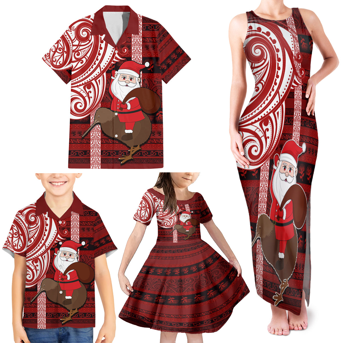 Personalized New Zealand Christmas Family Matching Tank Maxi Dress and Hawaiian Shirt Santa Claus and Kiwi Bird Maori Tattoo Koru Pattern LT03 - Polynesian Pride