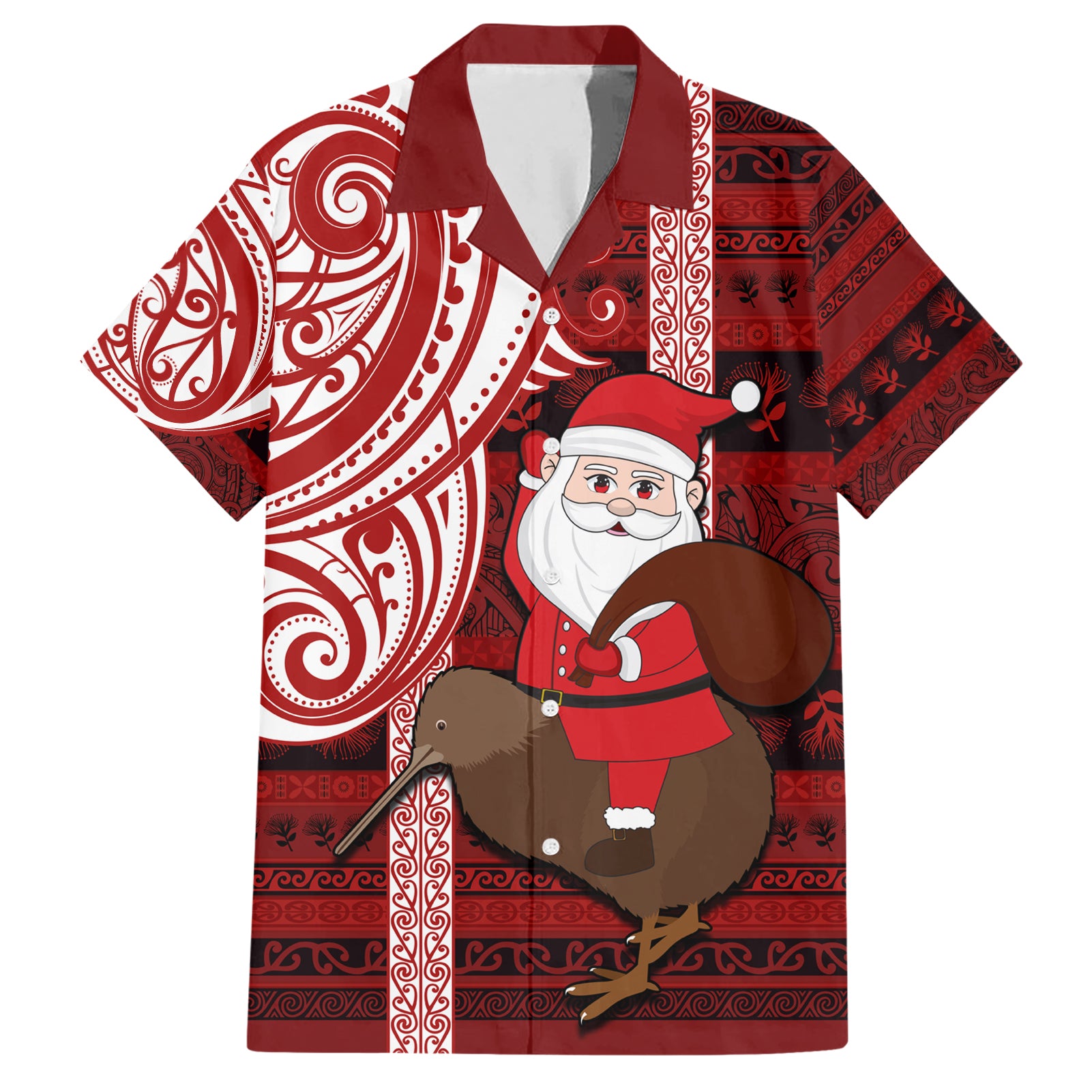 Personalized New Zealand Christmas Hawaiian Shirt Santa Claus and Kiwi Bird Maori Tattoo Koru Pattern LT03 Red - Polynesian Pride